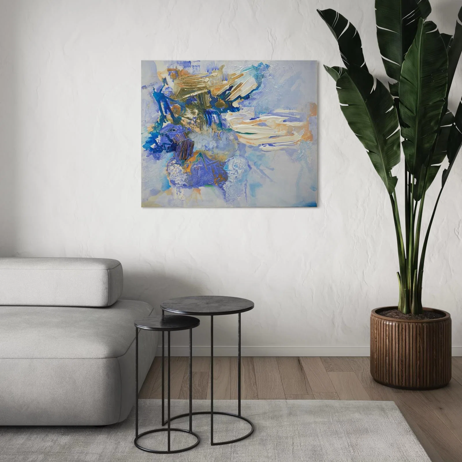Call me blue by Marina Aristotel - Rectangular mixed-media sculptural painting from the AASAMBLAJ series. Features dense putty textures, acrylic insertions, and a high-contrast palette of blue, orange, brown, and white. Contemporary abstract wall art with tactile relief. simulation living room