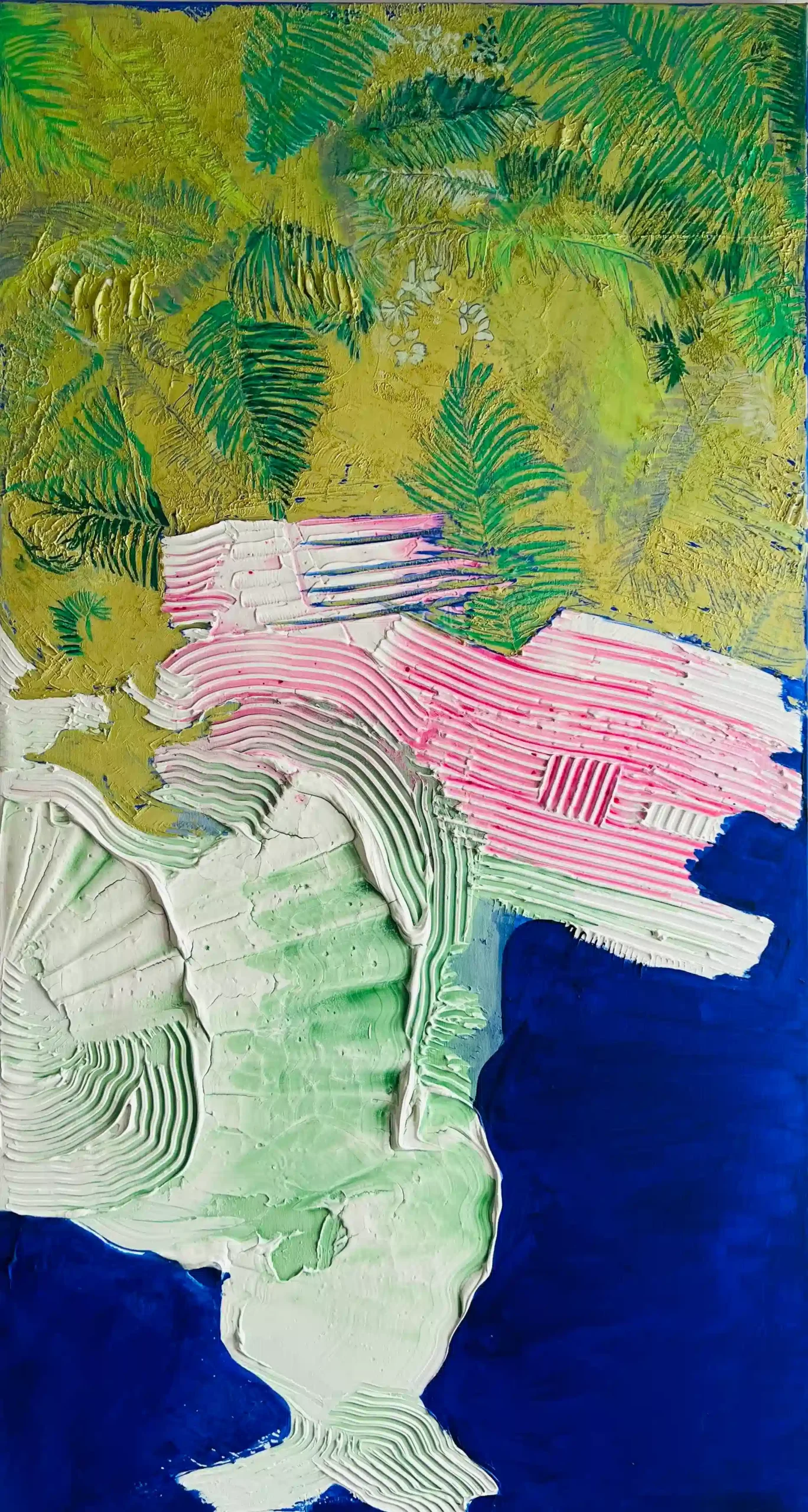 Sculptural abstract painting by Marina Aristotel, titled "Colours of Panama". Features leaf like imagery and dark blue sea vibes, tactile topography of abstract landscapes. Contemporary wall art for luxury home design, minimal interiors, and boutique hotel decor.