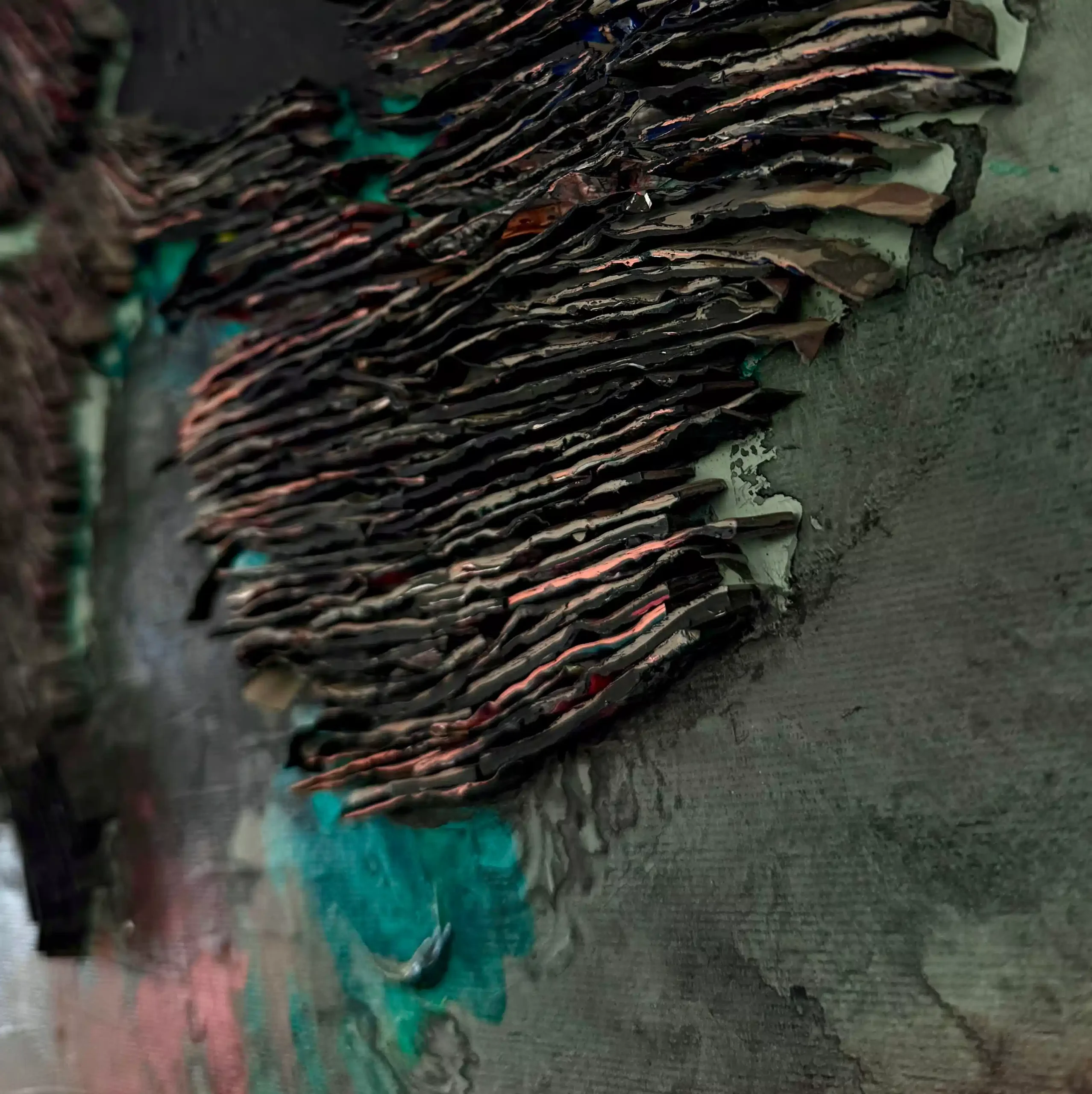Sculptural abstract painting by Marina Aristotel, titled "It all starts with a dot". Features a tactile topography of dark tones and turquise, abstract textures. Contemporary wall art for luxury home design, feminine interiors, and boutique hotel decor. Detail black, pink, blue