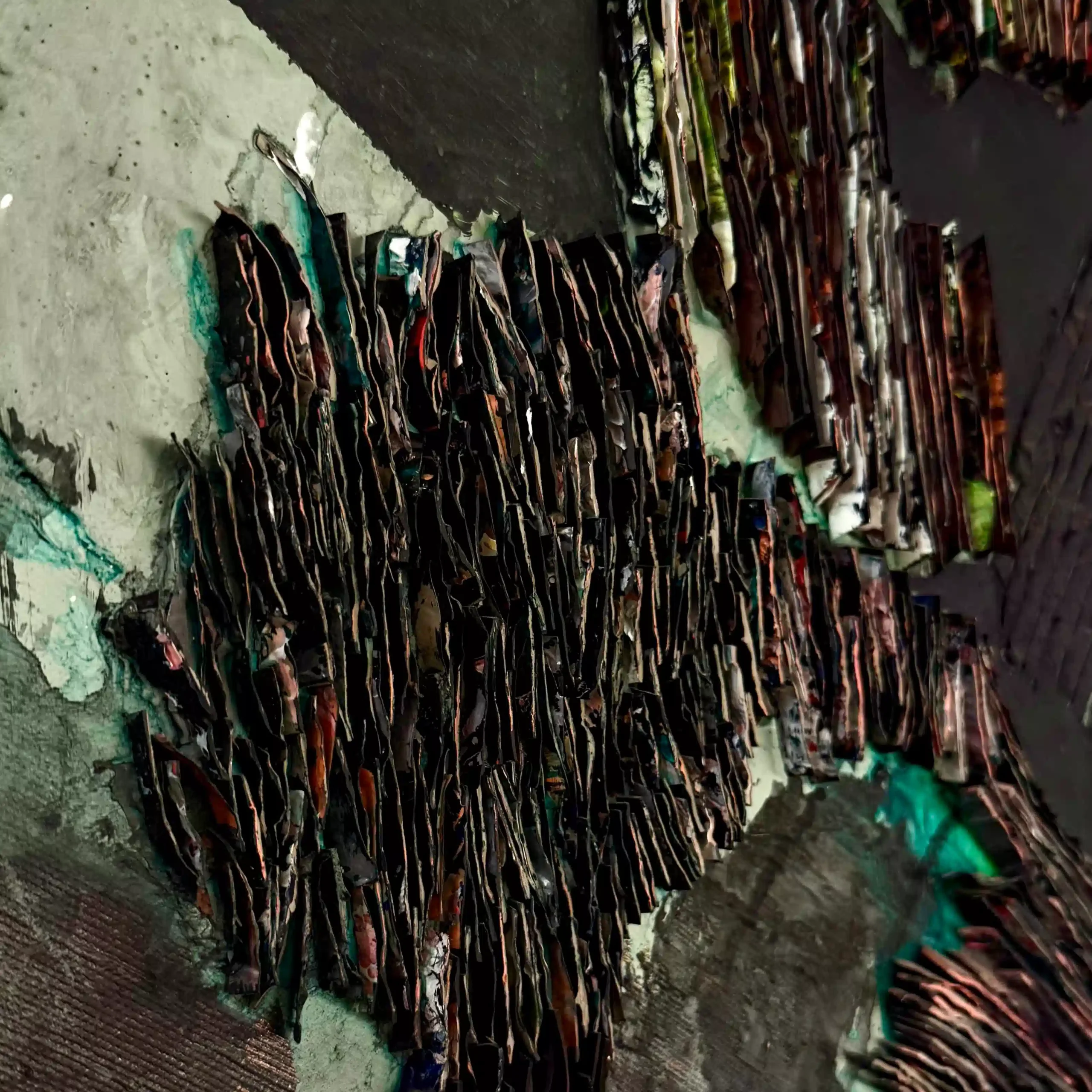 Sculptural abstract painting by Marina Aristotel, titled "It all starts with a dot". Features a tactile topography of dark tones and turquise, abstract textures. Contemporary wall art for luxury home design, feminine interiors, and boutique hotel decor. Detail of acrylic pieces collage