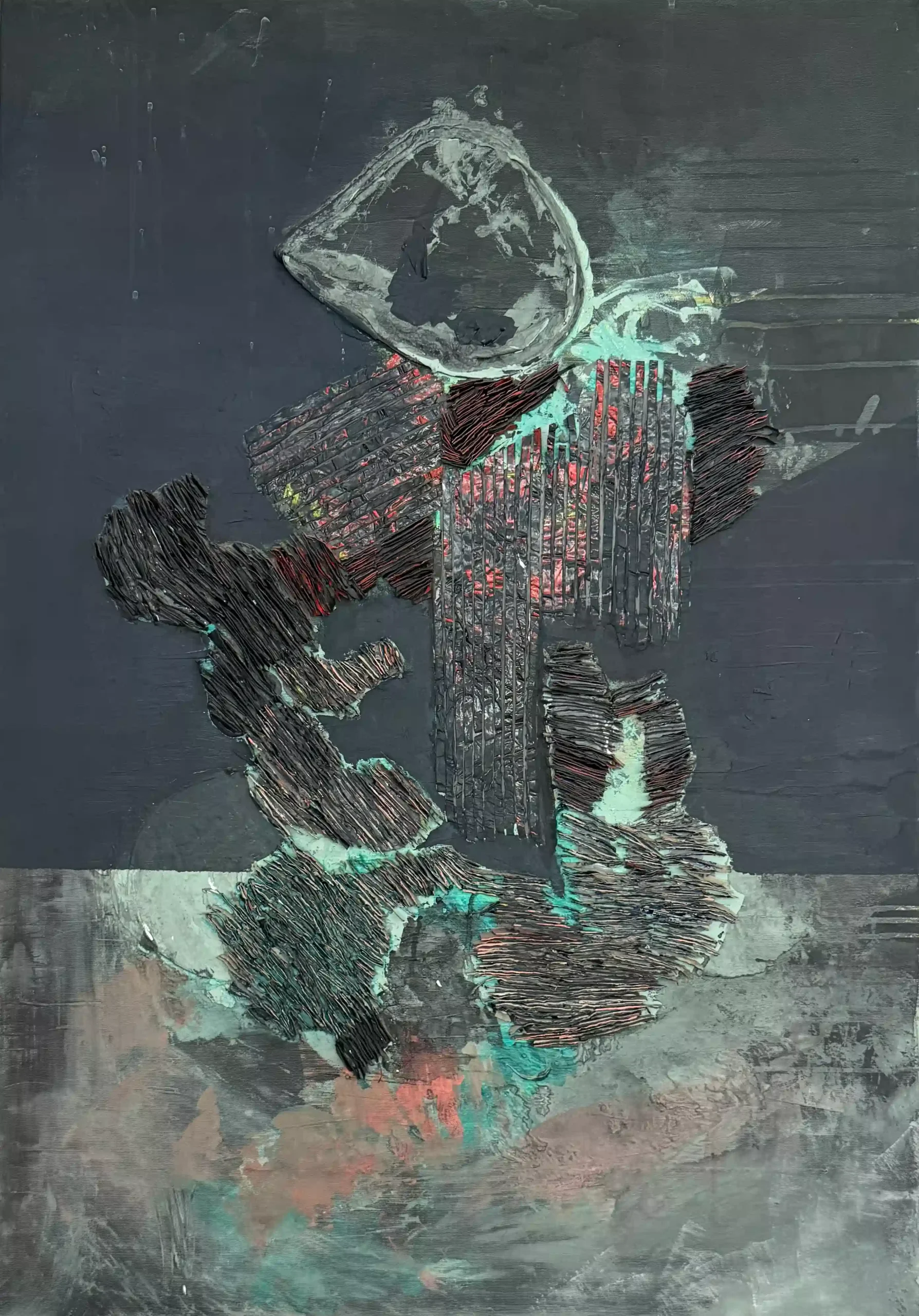 Sculptural abstract painting by Marina Aristotel, titled "It all starts with a dot". Features a tactile topography of dark tones and turquise, abstract textures. Contemporary wall art for luxury home design, feminine interiors, and boutique hotel decor.