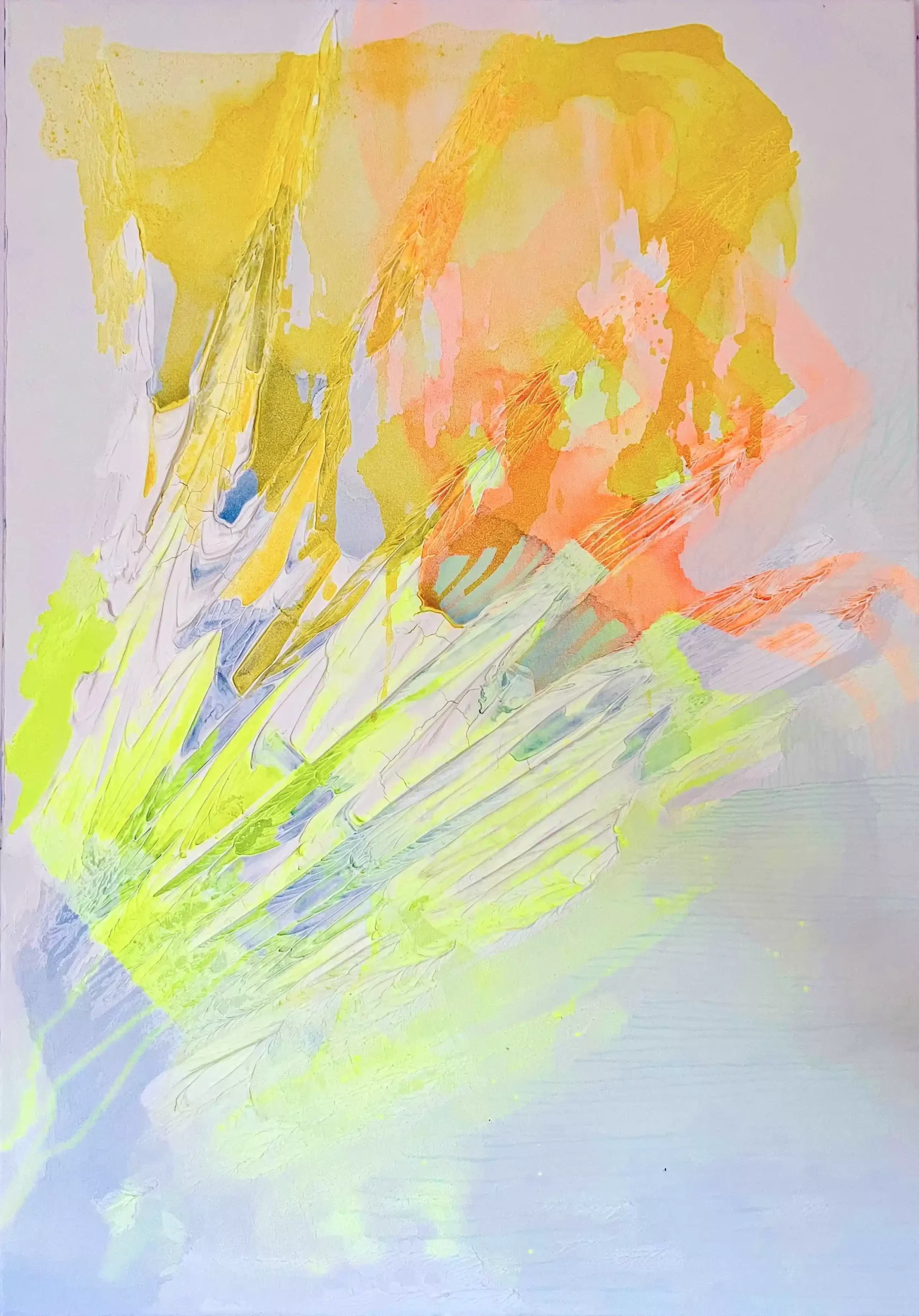 Sculptural abstract painting by Marina Aristotel, titled "Unicorns do exist". Features a tactile topography of pastel blue and yellow, orange colors with white abstract textures, rainbow like. Contemporary wall art for luxury home design, feminine interiors, and boutique hotel decor.