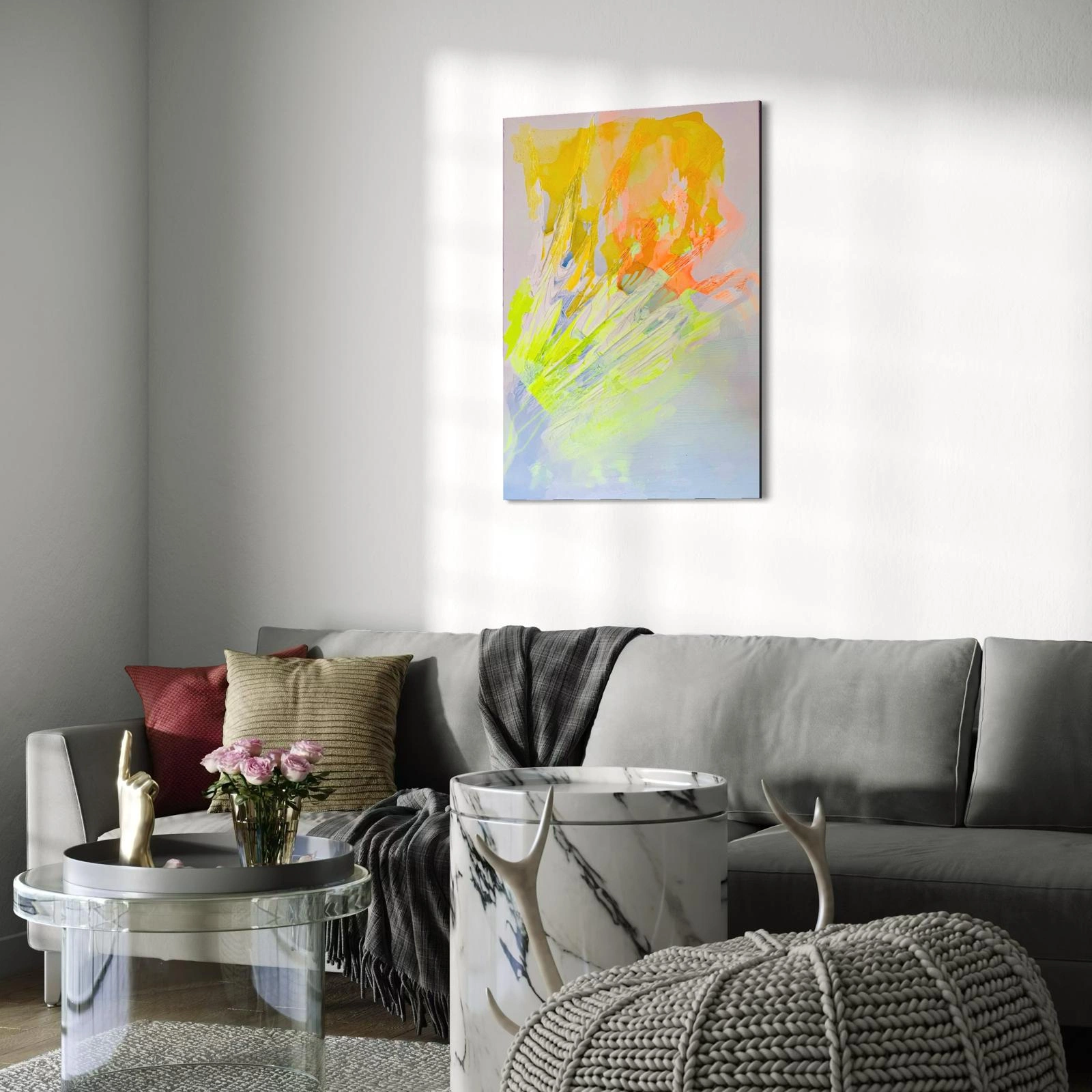 Sculptural abstract painting by Marina Aristotel, titled "Unicorns do exist". Features a tactile topography of bright neon yellow, orange and blue, it has a joyful textured pattern. Contemporary wall art for luxury home design and boutique hotel decor, featured in contemporary decoration.