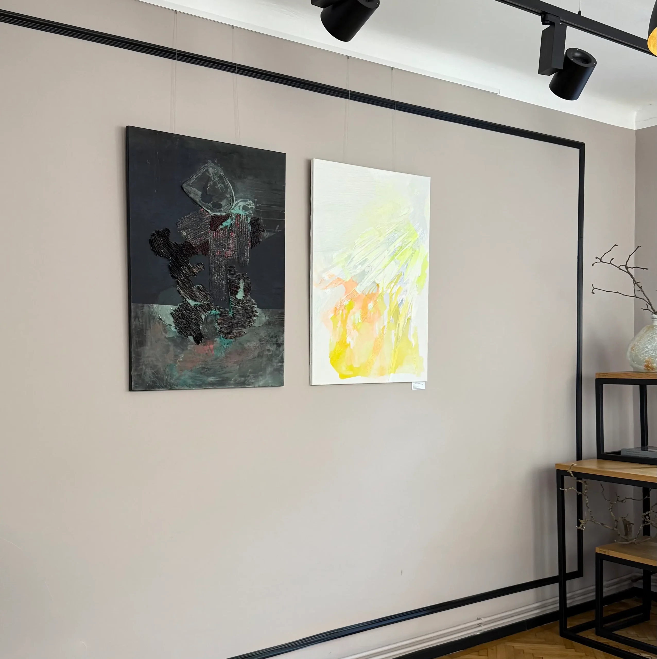 Sculptural abstract painting by Marina Aristotel, titled "It all starts with a dot". Features a tactile topography of dark tones and turquise, abstract textures. Contemporary wall art for luxury home design, feminine interiors, and boutique hotel decor. simulation of the painting in a eventspace
