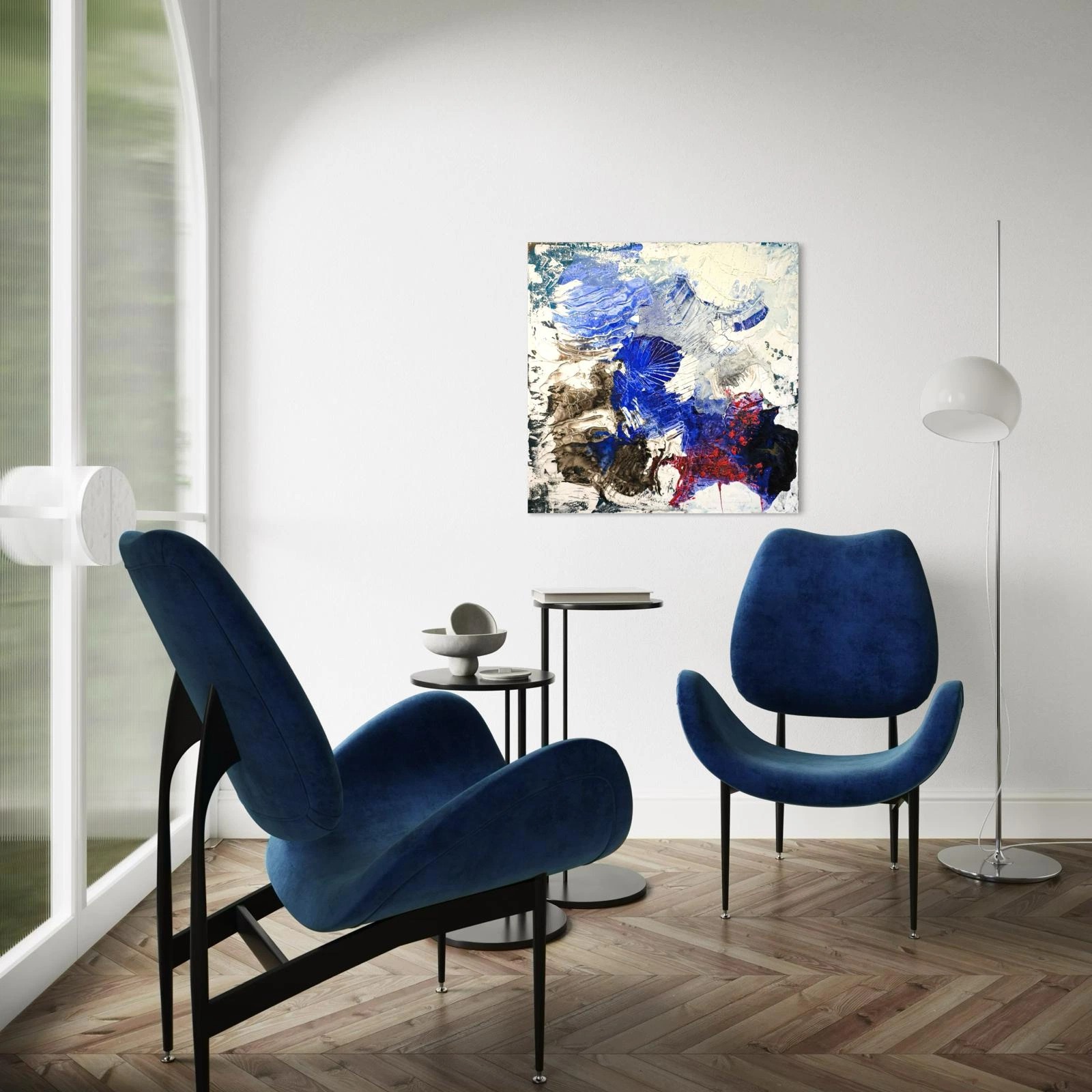 Sculptural painting on canvas, titled "Snowflakes all around". Features vibrant blue and red colors. Contemporary abstract art for luxury residential and boutique hotel wall decor.