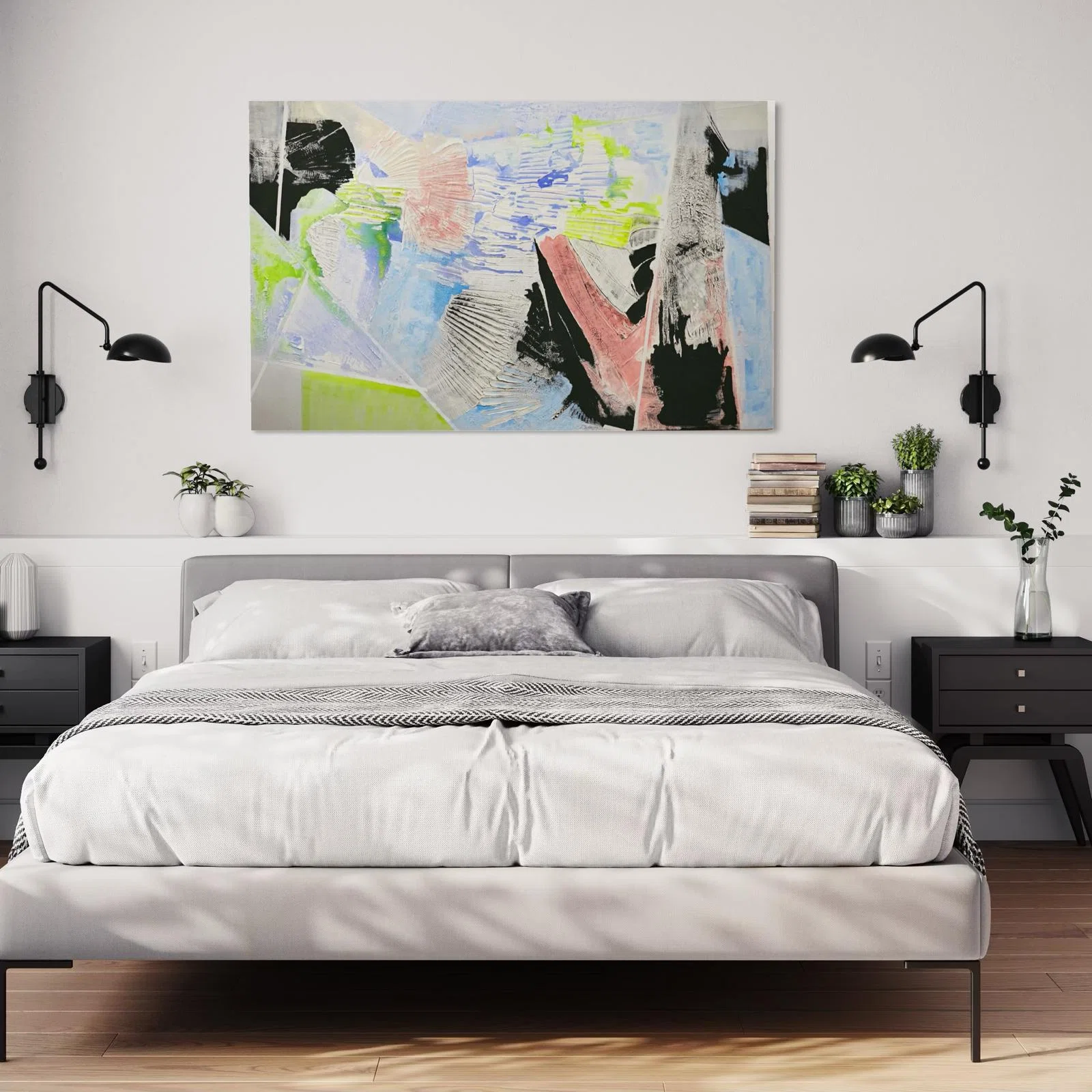 Textured acrylic sculptural painting with vibrant colors representing the sound, a scream in 2D. Commission art for premium interior design and boutique hotel art. In bedroom simulation. Artwork by Marina Aristotel