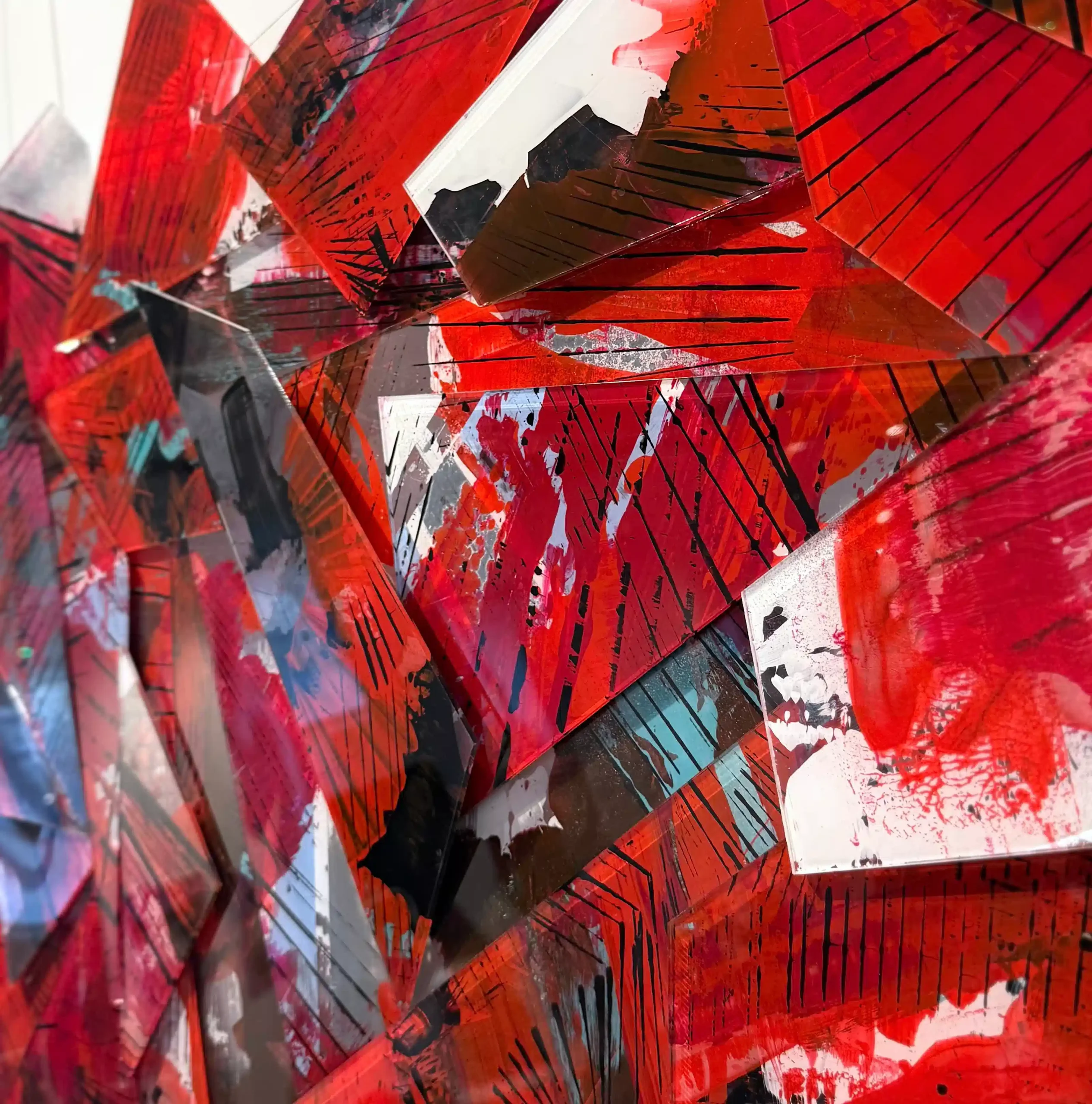 Hand painted acrylic on plexiglass sculpture by Marina Aristotel, Titled "Acceptance of time". Features irregular organic edges and layered translucent volumes. Vibrant red shades. Premium dimensional wall art for modern luxury interior and boutique hotels. side detail