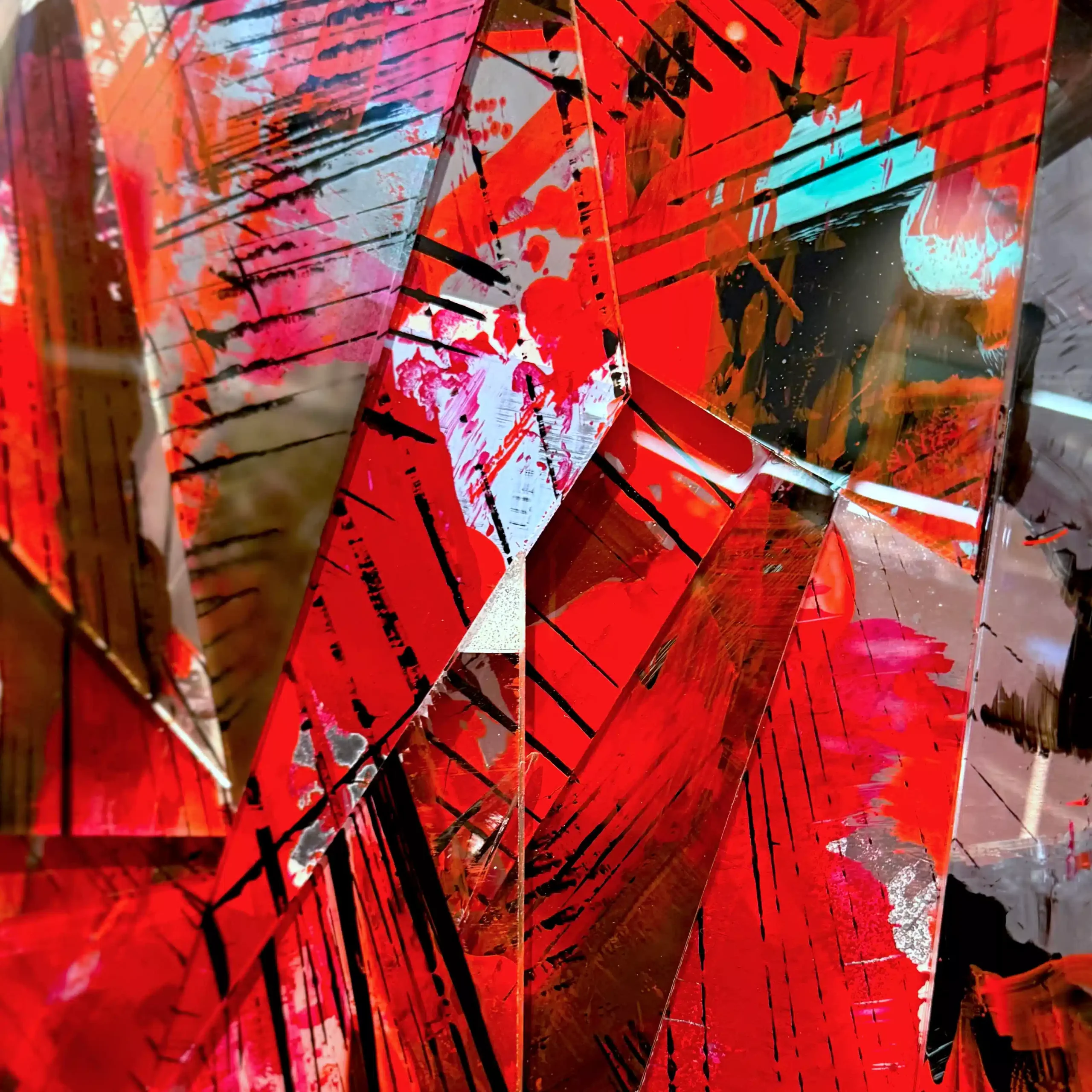 Hand painted acrylic on plexiglass sculpture by Marina Aristotel, Titled "Acceptance of time". Features irregular organic edges and layered translucent volumes. Vibrant red shades. Premium dimensional wall art for modern luxury interior and boutique hotels. detail