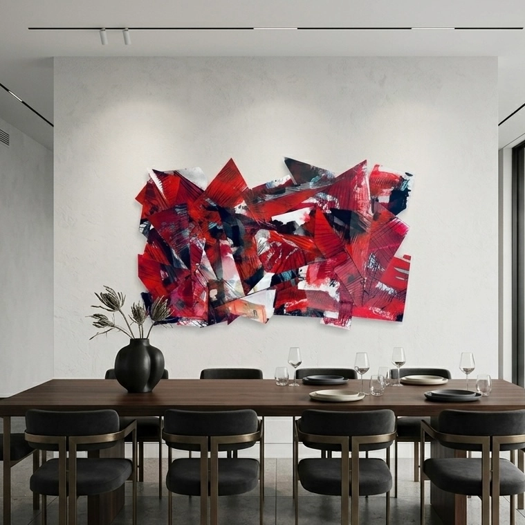 Hand painted acrylic on plexiglass sculpture by Marina Aristotel, Titled "Acceptance of time". Features irregular organic edges and layered translucent volumes. Vibrant red shades. Premium dimensional wall art for modern luxury interior and boutique hotels. dining room rendering