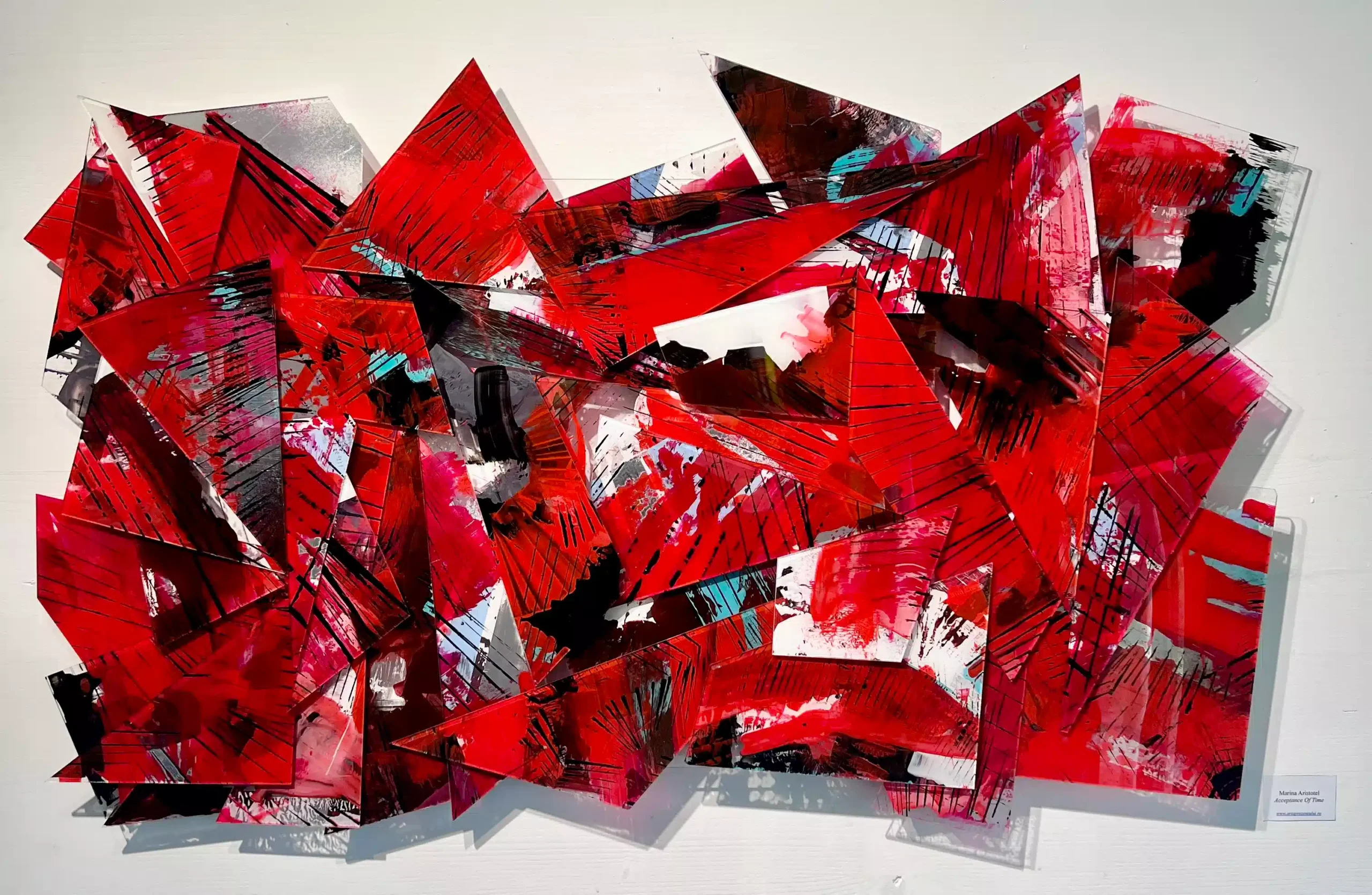 Hand painted acrylic on plexiglass sculpture by Marina Aristotel, Titled "Acceptance of time". Features irregular organic edges and layered translucent volumes. Vibrant red shades. Premium dimensional wall art for modern luxury interior and boutique hotels.