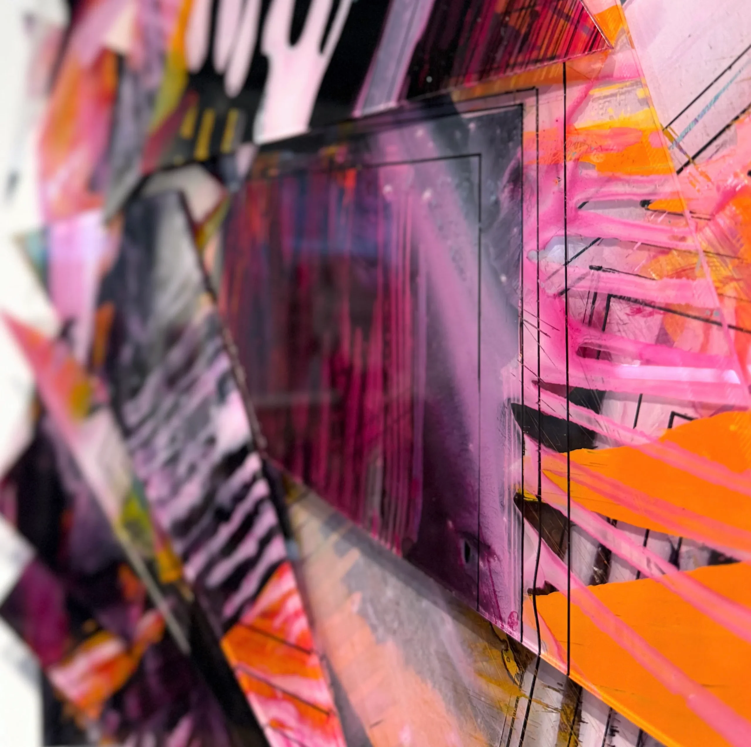 Hand painted acrylic on plexiglass sculpture by Marina Aristotel, Titled "Acceptance of chance". Features irregular organic edges and layered translucent volumes. Vibrant pink, orange shades with organic drawings. Premium dimensional wall art for modern luxury interior and boutique hotels.
