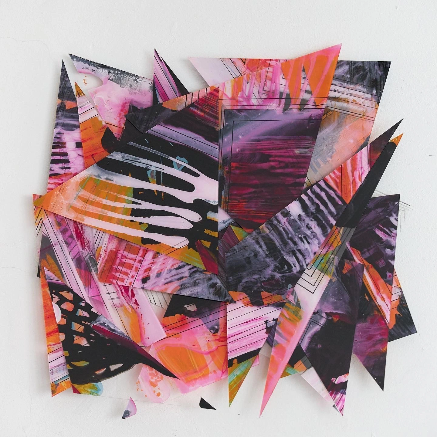 Hand painted acrylic on plexiglass sculpture by Marina Aristotel, Titled "Acceptance of chance". Features irregular organic edges and layered translucent volumes. Vibrant pink, orange shades with organic drawings. Premium dimensional wall art for modern luxury interior and boutique hotels.