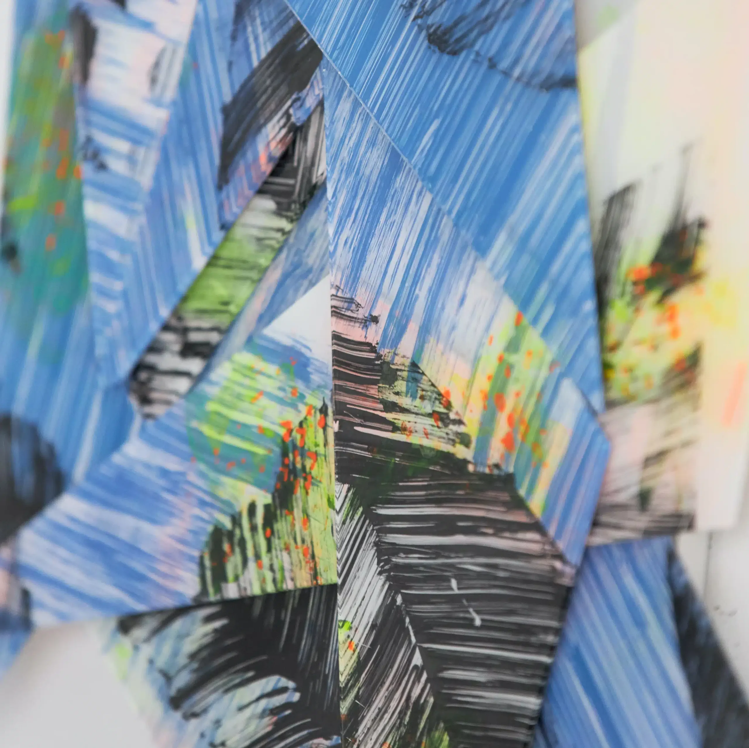 Hand painted acrylic on plexiglass sculpture by Marina Aristotel, Titled "Frames of the amazon". Features irregular organic edges and layered translucent volumes. Vibrant blue and bright color shades. Premium dimensional wall art for modern luxury interior and boutique hotels. detail