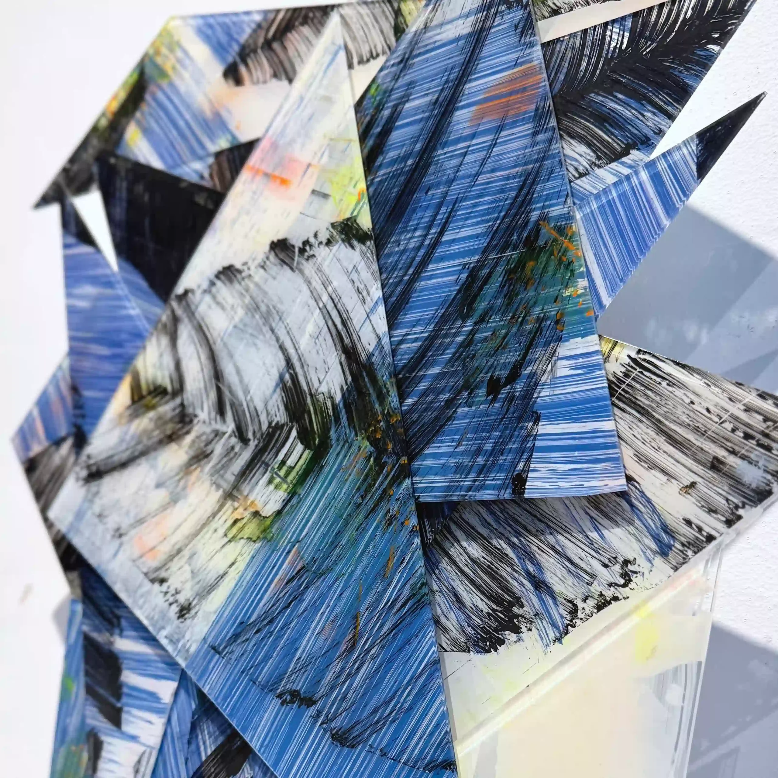 Hand painted acrylic on plexiglass sculpture by Marina Aristotel, Titled "Frames of the amazon". Features irregular organic edges and layered translucent volumes. Vibrant blue and bright color shades. Premium dimensional wall art for modern luxury interior and boutique hotels. side detail