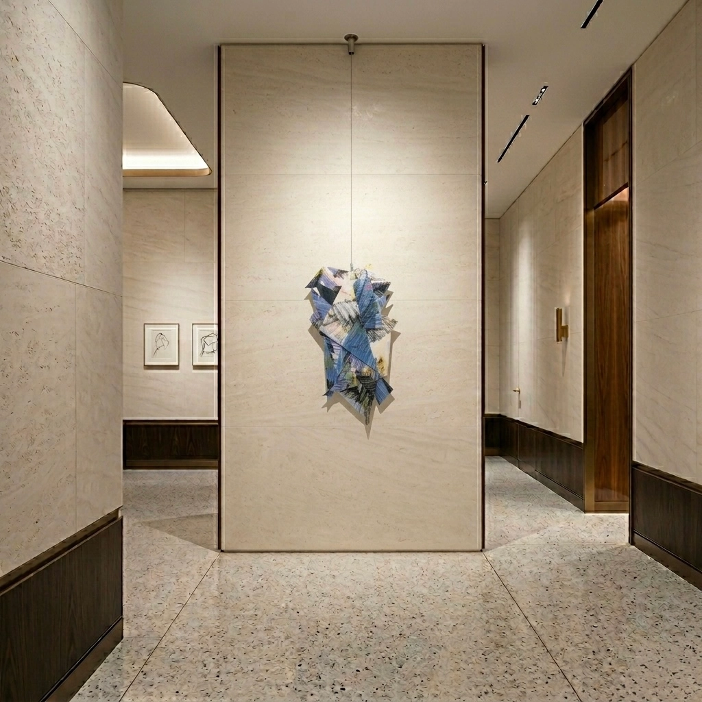 Hand painted acrylic on plexiglass sculpture by Marina Aristotel, Titled "Frames of the amazon". Features irregular organic edges and layered translucent volumes. Vibrant blue and bright color shades. Premium dimensional wall art for modern luxury interior and boutique hotels.