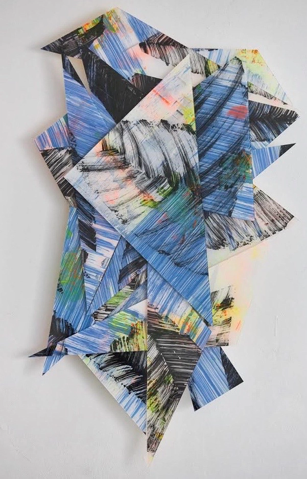 Hand painted acrylic on plexiglass sculpture by Marina Aristotel, Titled "Frames of the amazon". Features irregular organic edges and layered translucent volumes. Vibrant blue and bright color shades. Premium dimensional wall art for modern luxury interior and boutique hotels.