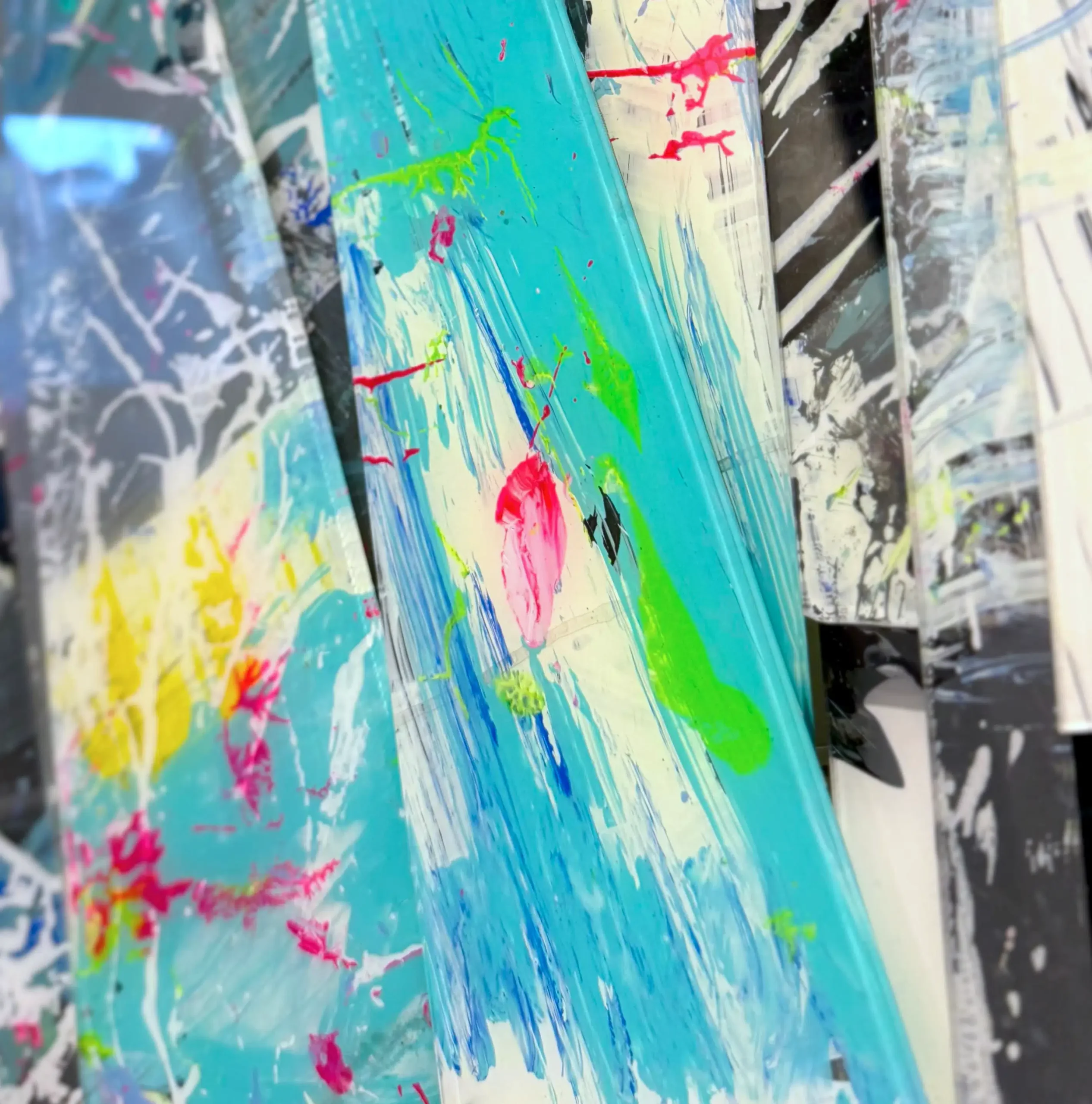 Hand painted acrylic on plexiglass sculpture by Marina Aristotel, Titled "Slices of rainbow". Features irregular organic edges and layered translucent volumes. Vibrant blue, yellow, pink shades with organic drawings. Premium dimensional wall art for modern luxury interior and boutique hotels.