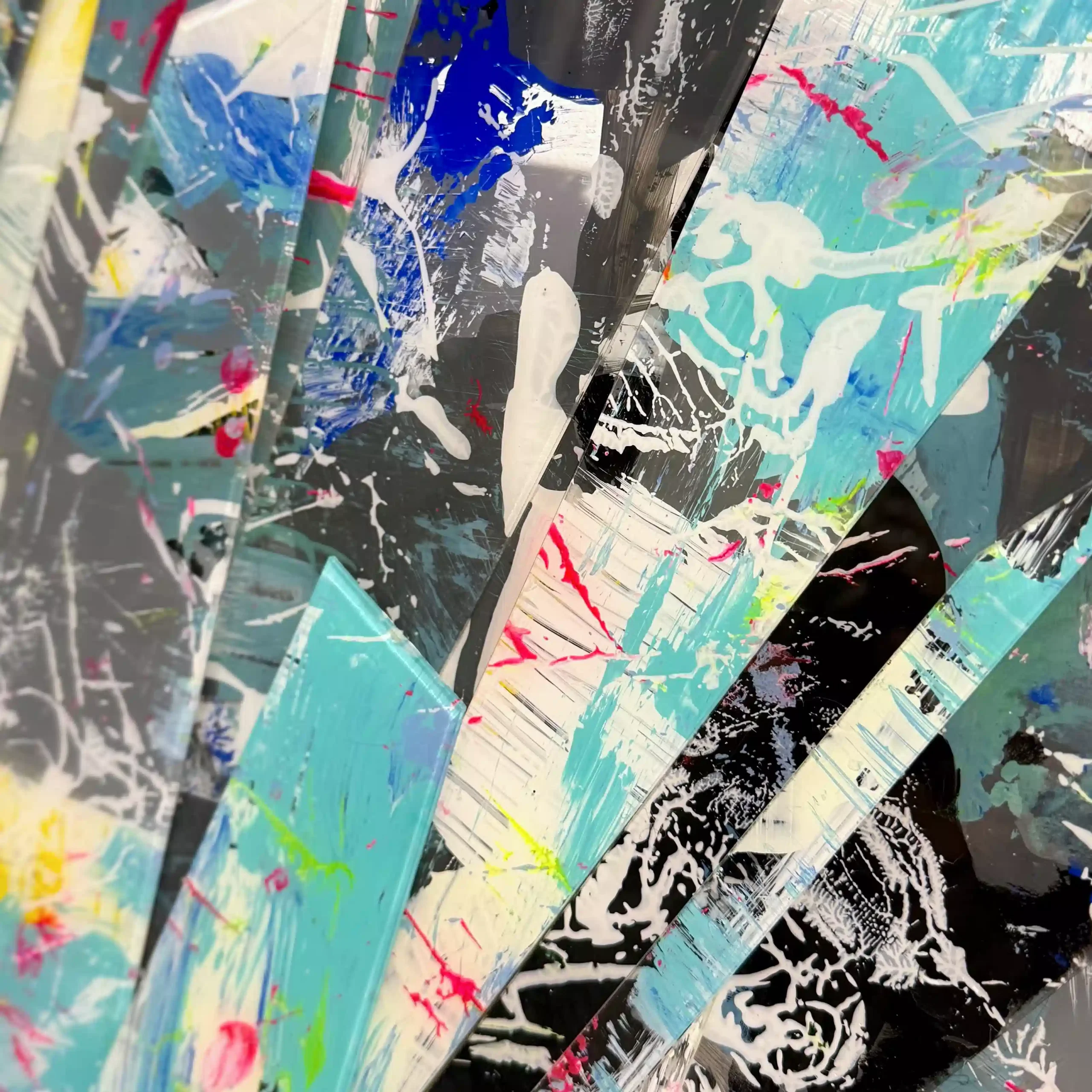Hand painted acrylic on plexiglass sculpture by Marina Aristotel, Titled "Slices of rainbow". Features irregular organic edges and layered translucent volumes. Vibrant blue, yellow, pink shades with organic drawings. Premium dimensional wall art for modern luxury interior and boutique hotels. slices details