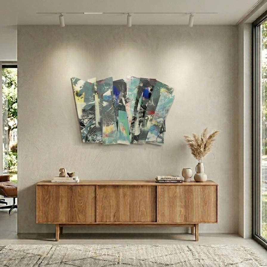 Hand painted acrylic on plexiglass sculpture by Marina Aristotel, Titled "Slices of rainbow". Features irregular organic edges and layered translucent volumes. Vibrant blue, yellow, pink shades with organic drawings. Premium dimensional wall art for modern luxury interior and boutique hotels. living room rendering