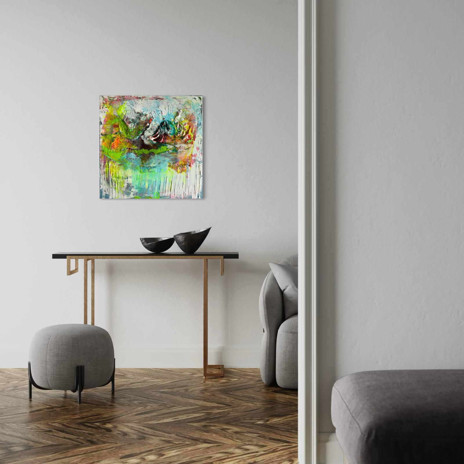 Sculptural abstract painting by Marina Aristotel, titled "Dare to be surprised". Features a tactile topography of bright green, yellow, orange colors and joyful pattern. Contemporary wall art for luxury home design and boutique hotel decor. Simulation in a minimal premium living room.