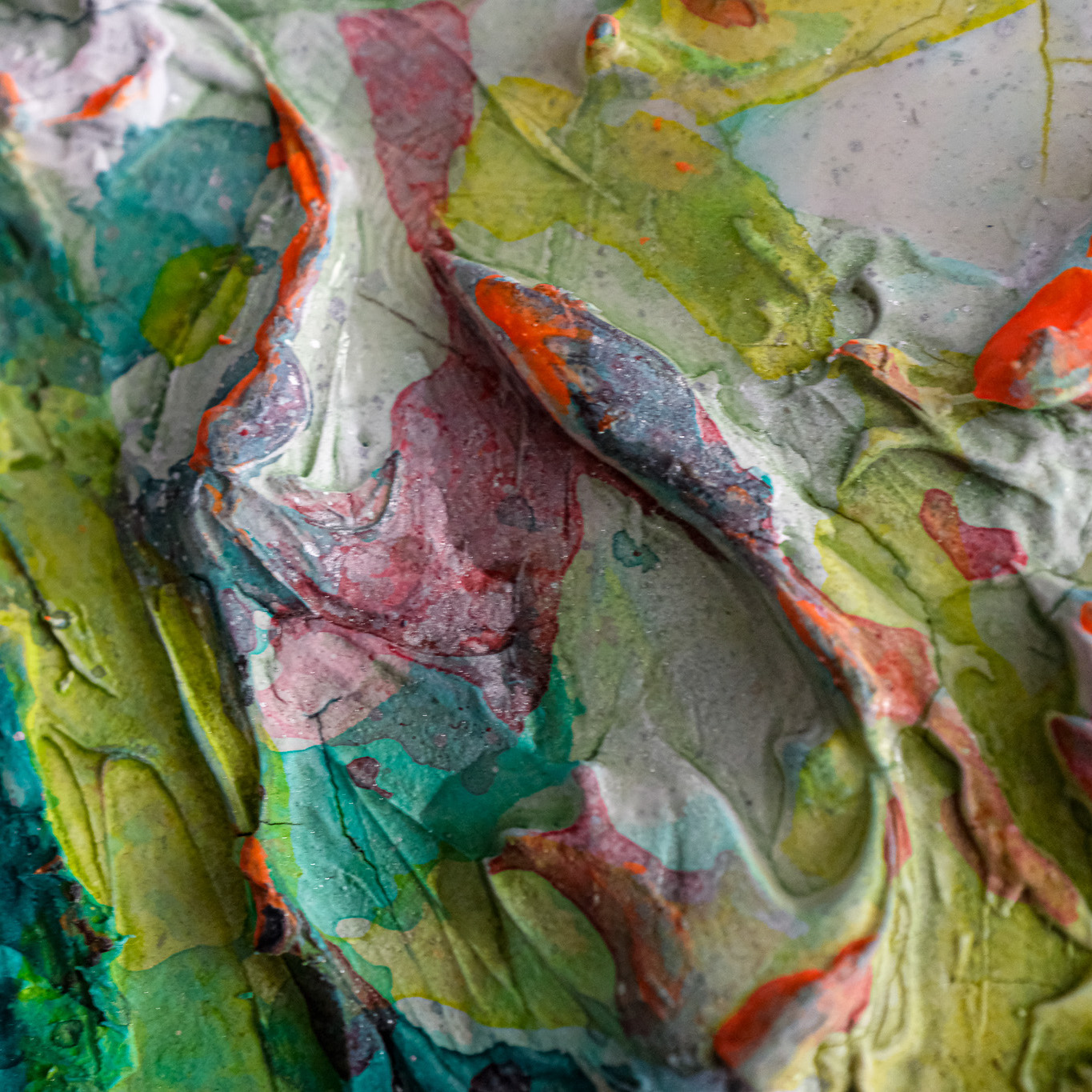 Sculptural abstract painting by Marina Aristotel, titled "Dare to be surprised". Features a tactile topography of bright green, yellow, orange colors and joyful pattern. Contemporary wall art for luxury home design and boutique hotel decor. Colorful volume detail