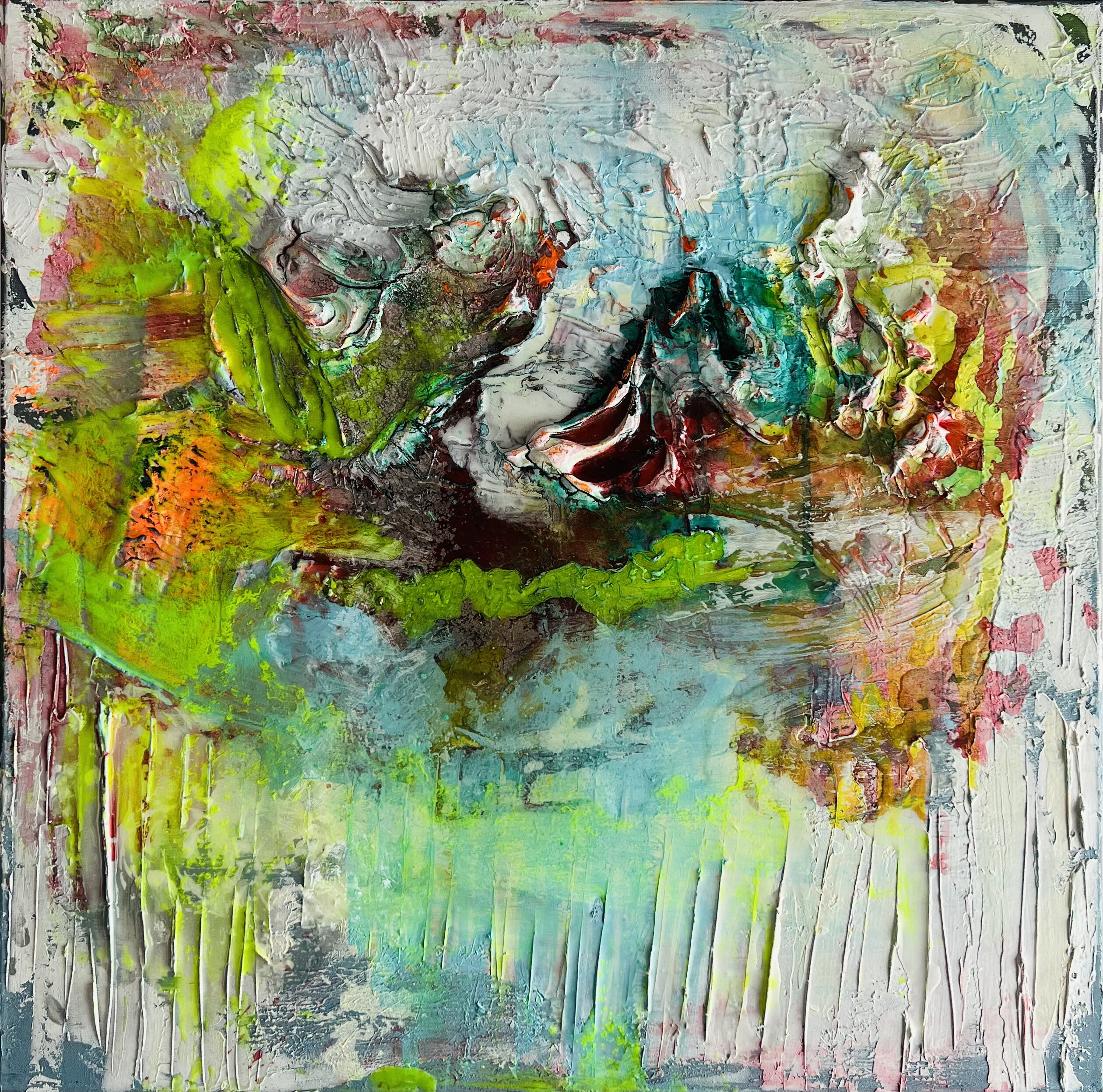 Sculptural abstract painting by Marina Aristotel, titled "Dare to be surprised". Features a tactile topography of bright green, yellow, orange colors and joyful pattern. Contemporary florar wall art for luxury home desig and boutique hotel decor.