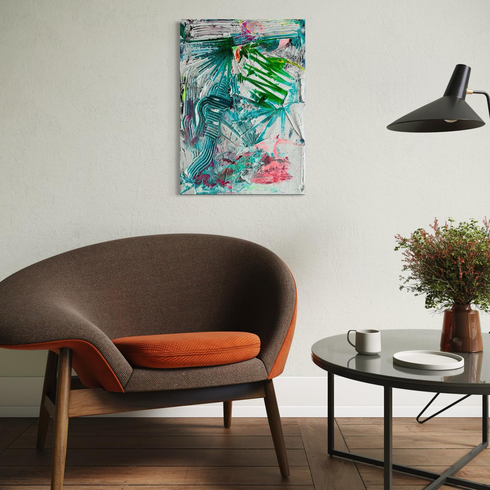 Sculptural abstract painting by Marina Aristotel, titled "Inside the headspace". Features a tactile topography of bright green lines and tropical aerial view. Contemporary wall art for luxury home design and boutique hotel decor. Simulation in a livingroom