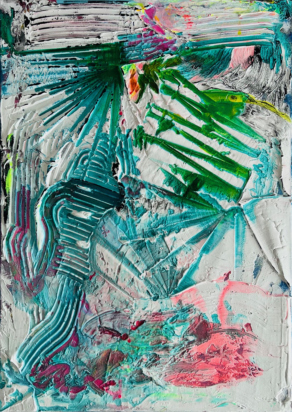 Sculptural abstract painting by Marina Aristotel, titled "Inside the headspace". Features a tactile topography of bright green lines and tropical aerial view. Contemporary wall art for luxury home design and boutique hotel decor.