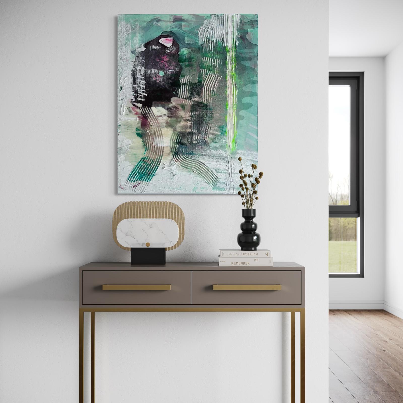 Sculptural abstract painting by Marina Aristotel, titled "SEACRET". Features a tactile topography of green hues and abstract figure dark red shapes with resin layers. Simulation with the wall art in luxury home design, feminine interiors, and boutique hotel decor.