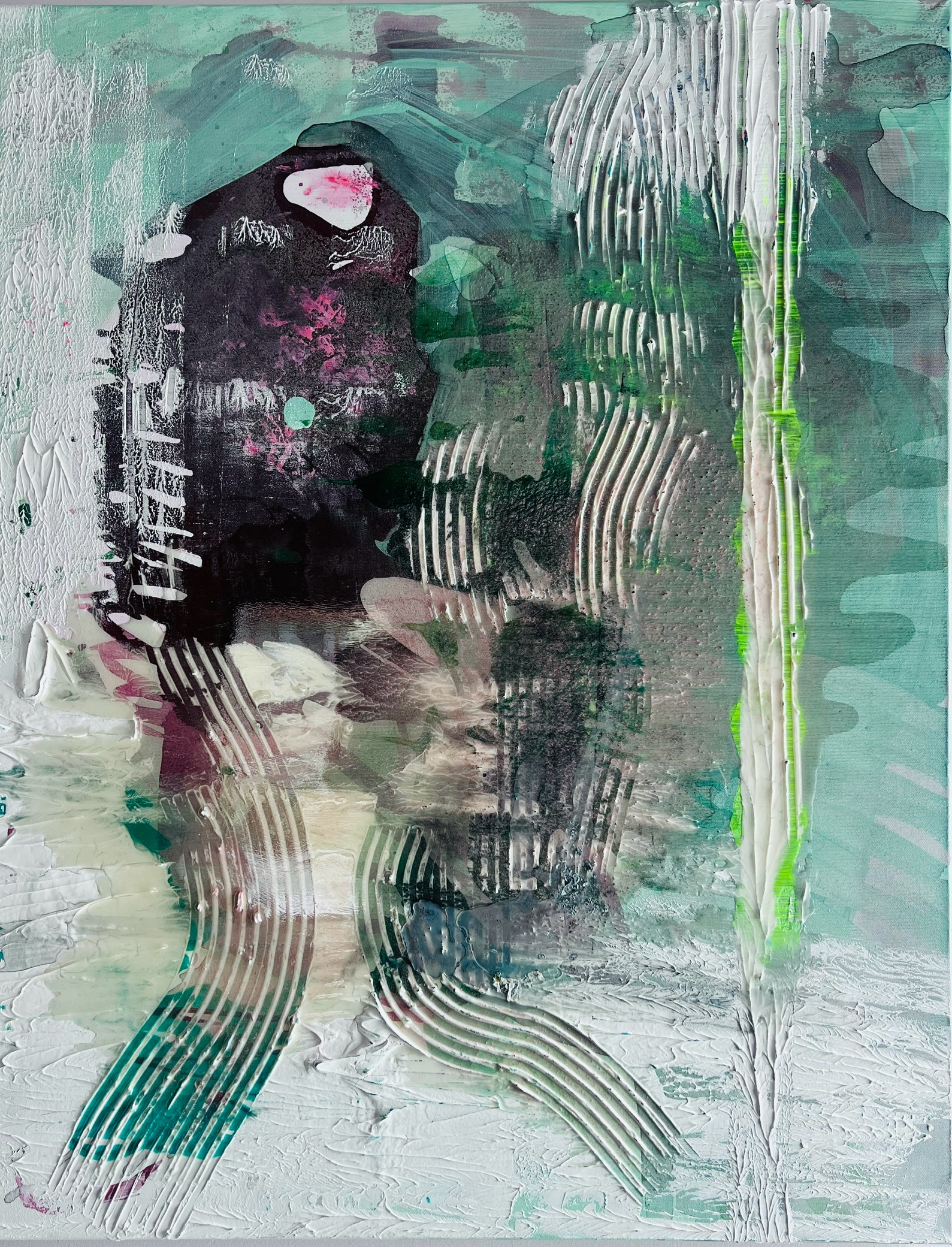 Sculptural abstract painting by Marina Aristotel, titled "SEACRET". Features a tactile topography of green hues and abstract figure dark red shapes with resin layers. Contemporary wall art for luxury home design, feminine interiors, and boutique hotel decor.