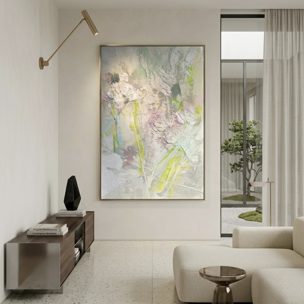 Sculptural abstract painting by Marina Aristotel, titled "In the garden". Features a tactile topography of pastel pink and soft green colors with white abstract floral textures. Contemporary florar wall art for luxury nursery design, feminine interiors. Picture features the painting in a home simulation.