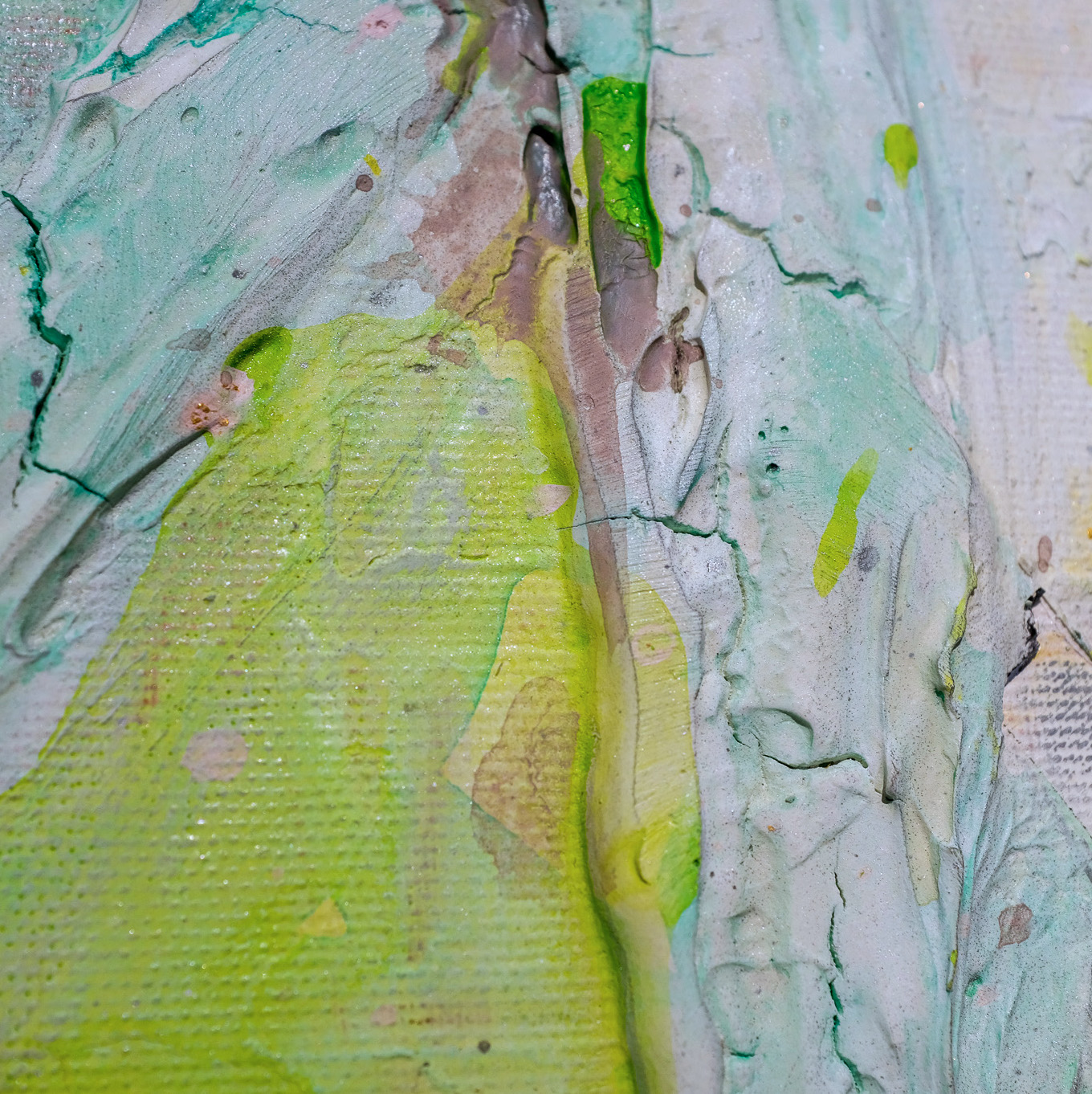 Sculptural abstract painting by Marina Aristotel, titled "In the garden". Features a tactile topography of pastel pink and soft green colors with white abstract floral textures. Colour details of the artwork.