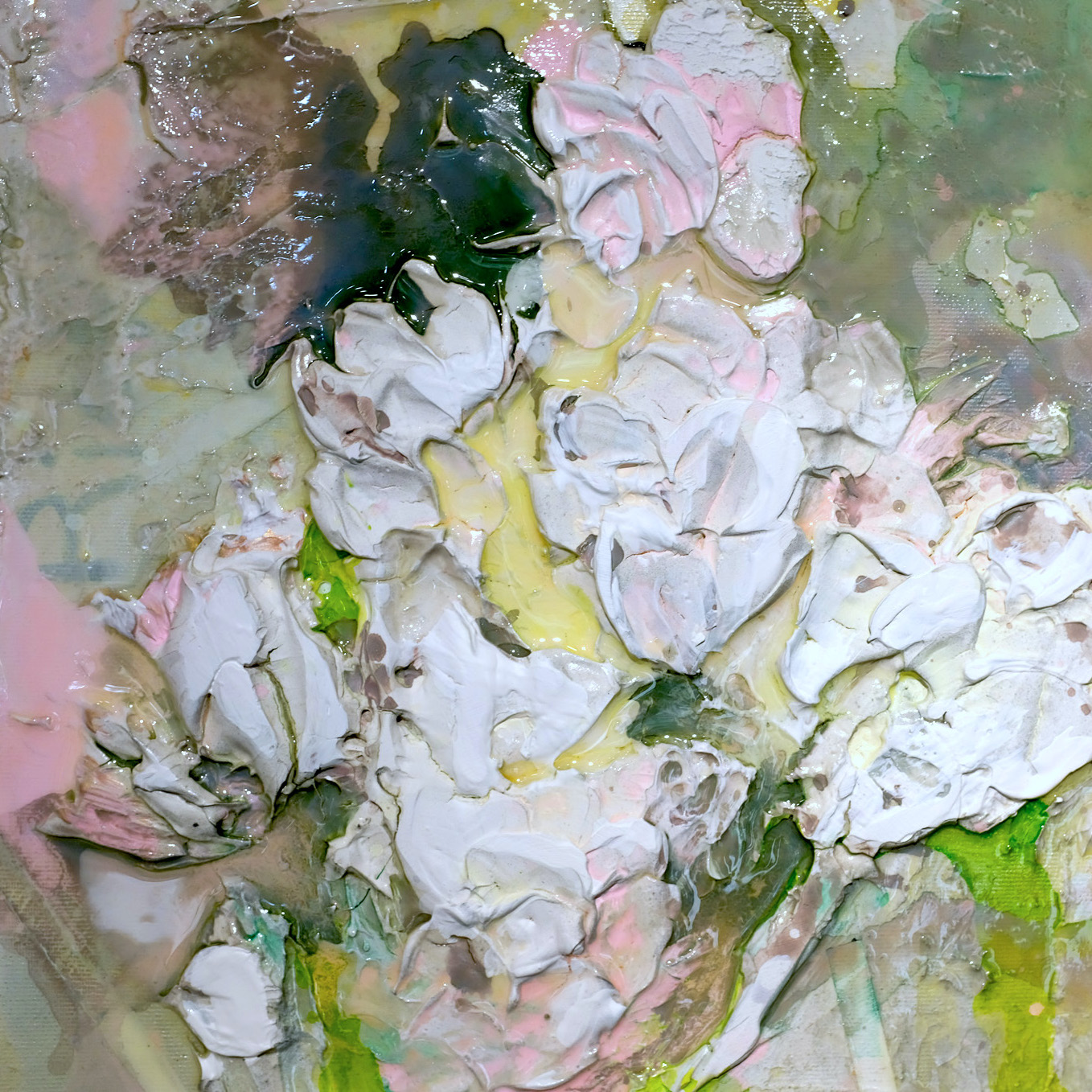 Sculptural abstract painting by Marina Aristotel, titled "In the garden". Features a tactile topography of pastel pink and soft green colors with white abstract floral textures. Floral details of the artwork.