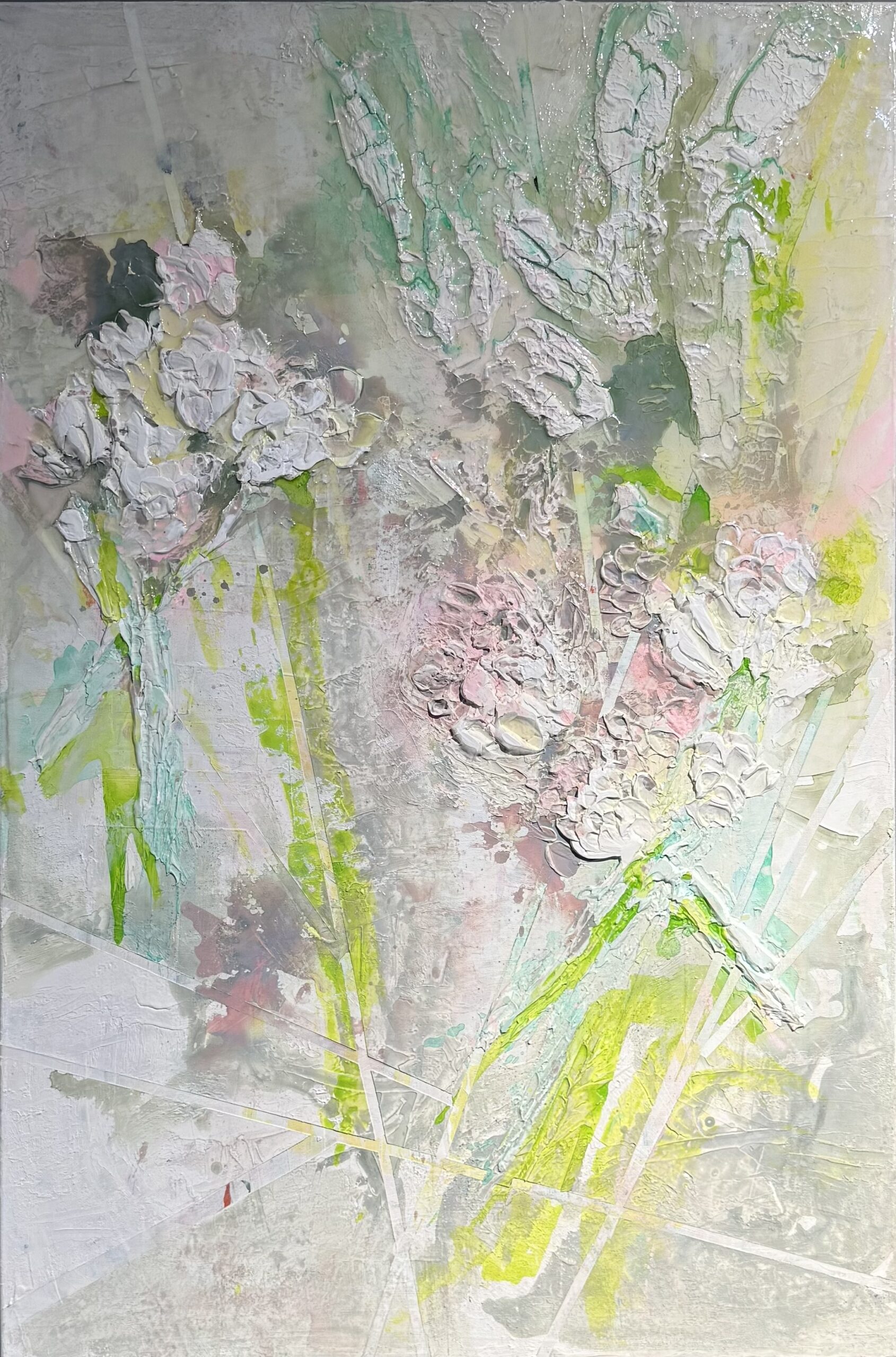 Sculptural abstract painting by Marina Aristotel, titled "In the garden". Features a tactile topography of pastel pink and soft green colors with white abstract floral textures. Contemporary florar wall art for luxury home design, feminine interiors, and boutique hotel decor.