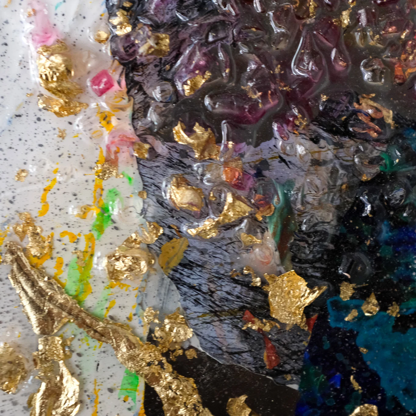 Resin sculpture by Marina Aristotel, titled "Going up", featuring glass-like layers and organic depth. Hand poured acrylic painted stripes and bright coloured shades with gold leaf creating a luminous, tactile surface. Luxury wall-mounted art object for modern interior design and boutique hotel decor. detail