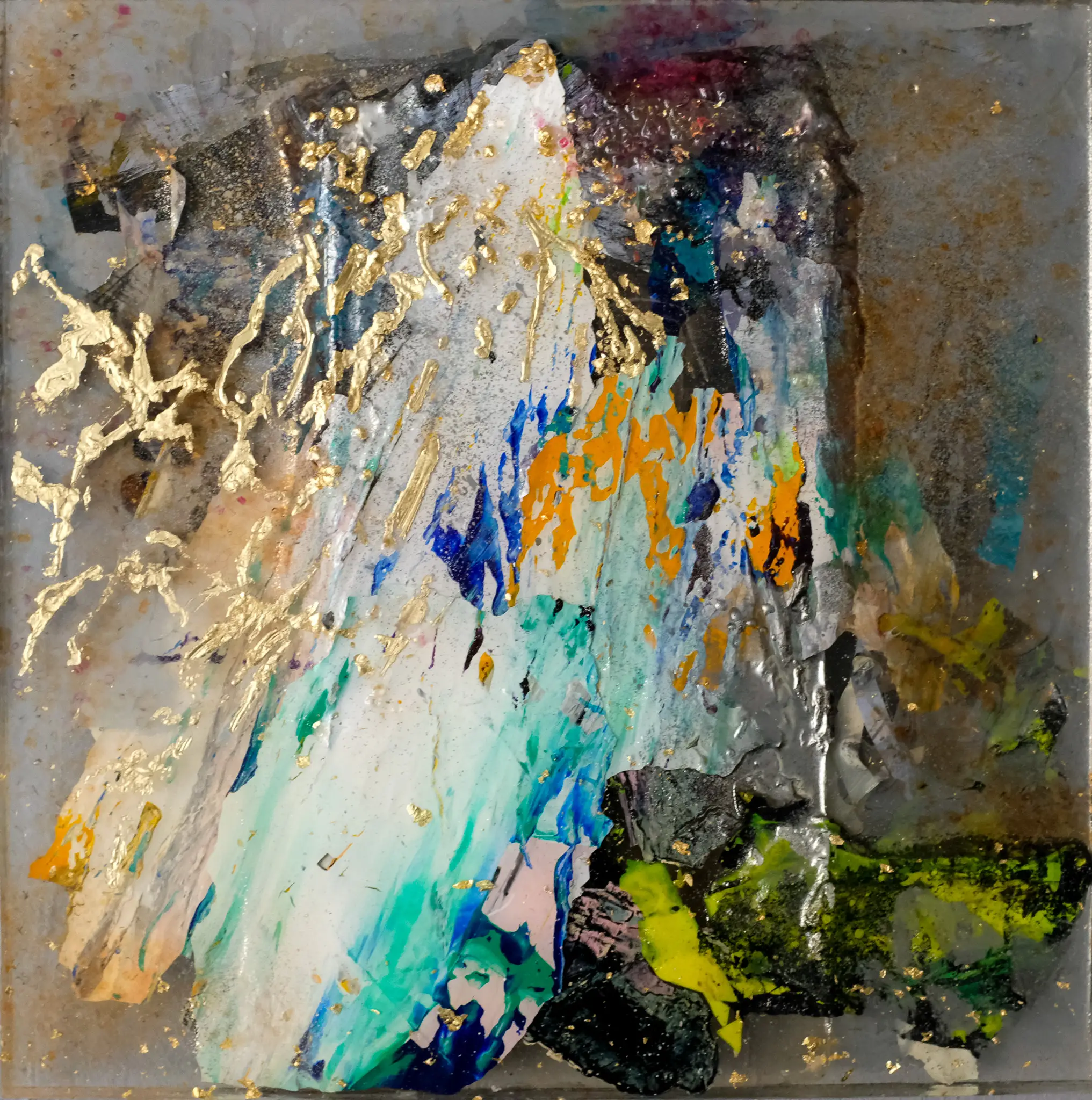Resin sculpture by Marina Aristotel, titled "Going up", featuring glass-like layers and organic depth. Hand poured acrylic painted stripes and bright coloured shades with gold leaf creating a luminous, tactile surface. Luxury wall-mounted art object for modern interior design and boutique hotel decor.