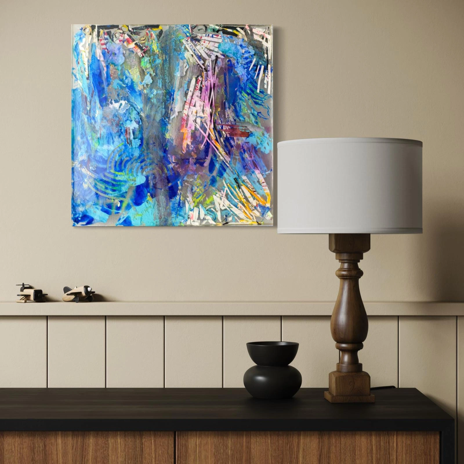 Resin sculpture by Marina Aristotel, titled "Solar life", featuring glass-like layers and organic depth. Hand poured pigments in neon yellow, orange and burgundy creating a luminous, tactile surface. Luxury wall-mounted art object for modern interior design and boutique hotel decor. livingroom simulation
