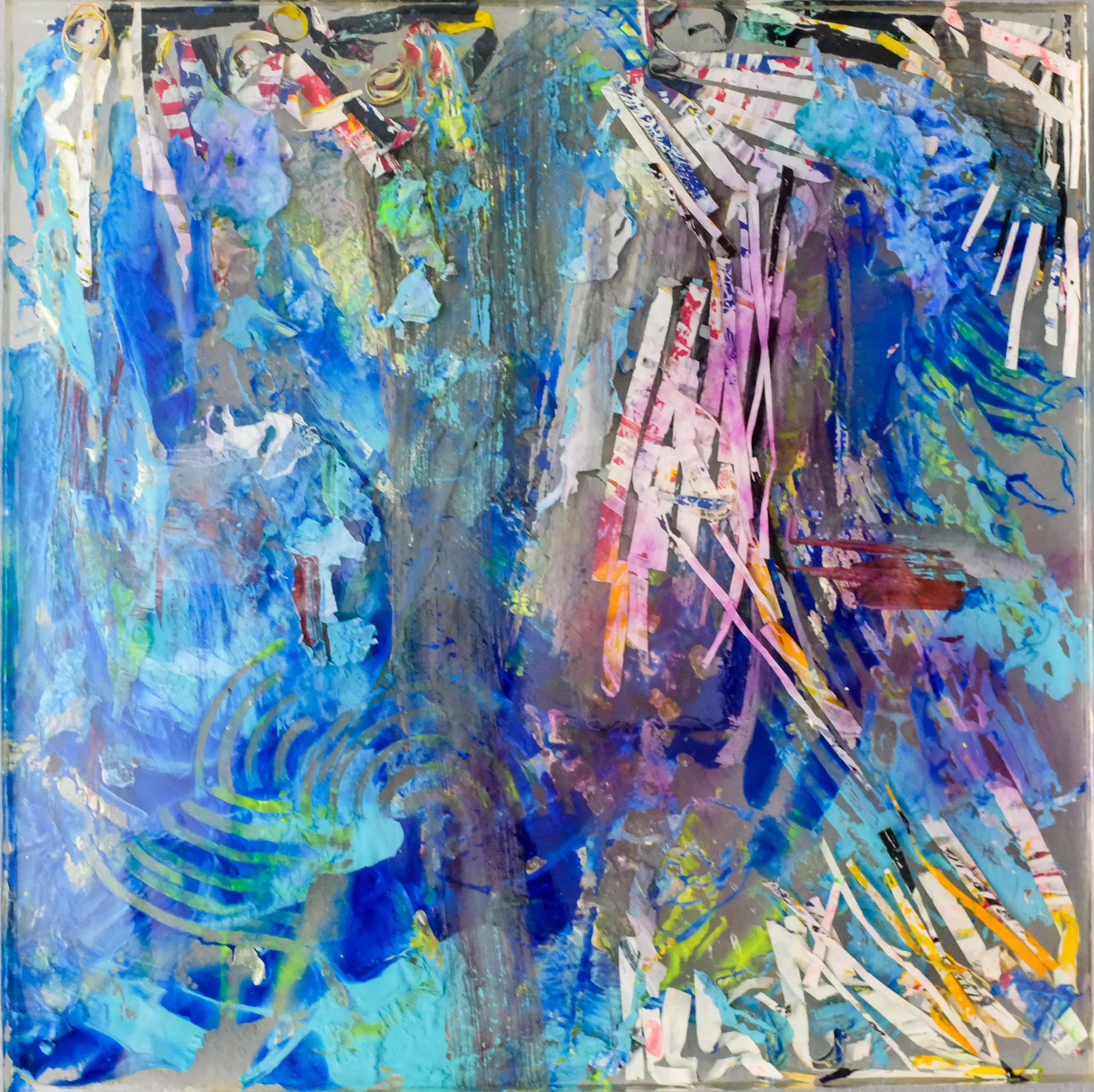 Resin sculpture by Marina Aristotel, titled "Old and new blues", featuring glass-like layers and organic depth. Hand poured acrylic painted stripes and blue shades creating a luminous, tactile surface. Luxury wall-mounted art object for modern interior design and boutique hotel decor.