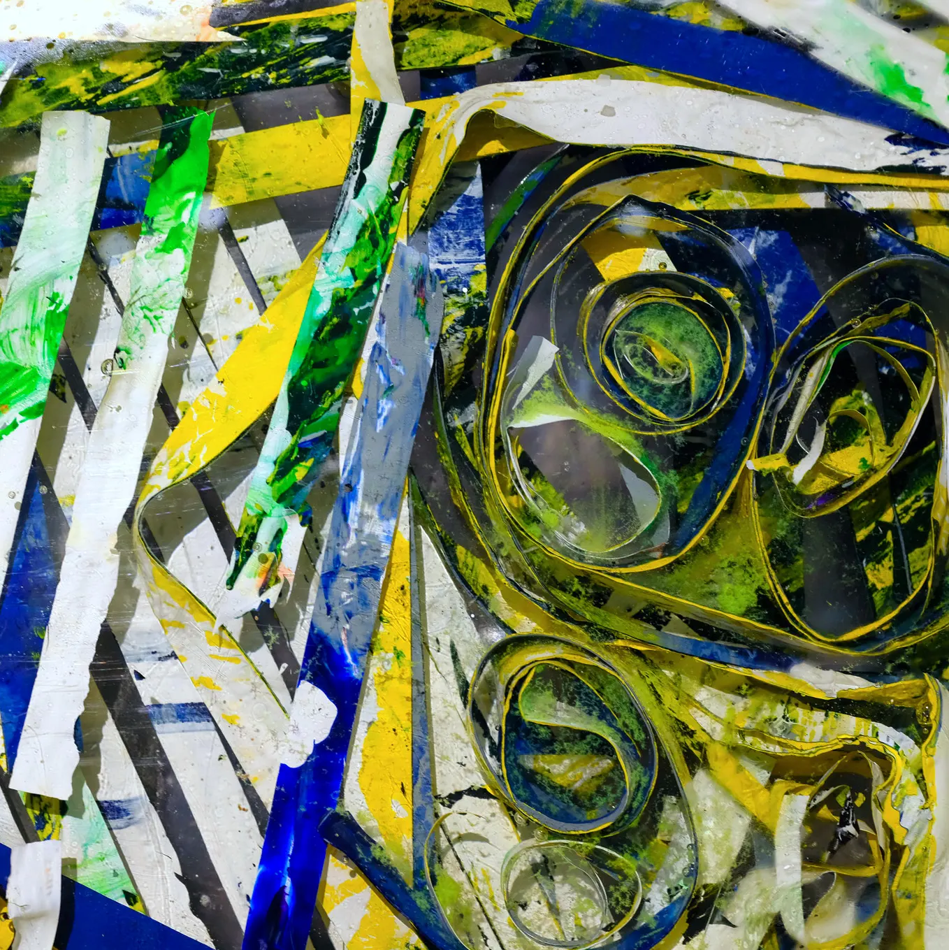 Resin sculpture by Marina Aristotel, titled "It all goes in its place", featuring glass-like layers and organic depth. Hand poured acrylic painted stripes and bright coloured shades creating a luminous, tactile surface. Luxury wall-mounted art object for modern interior design and boutique hotel decor. details