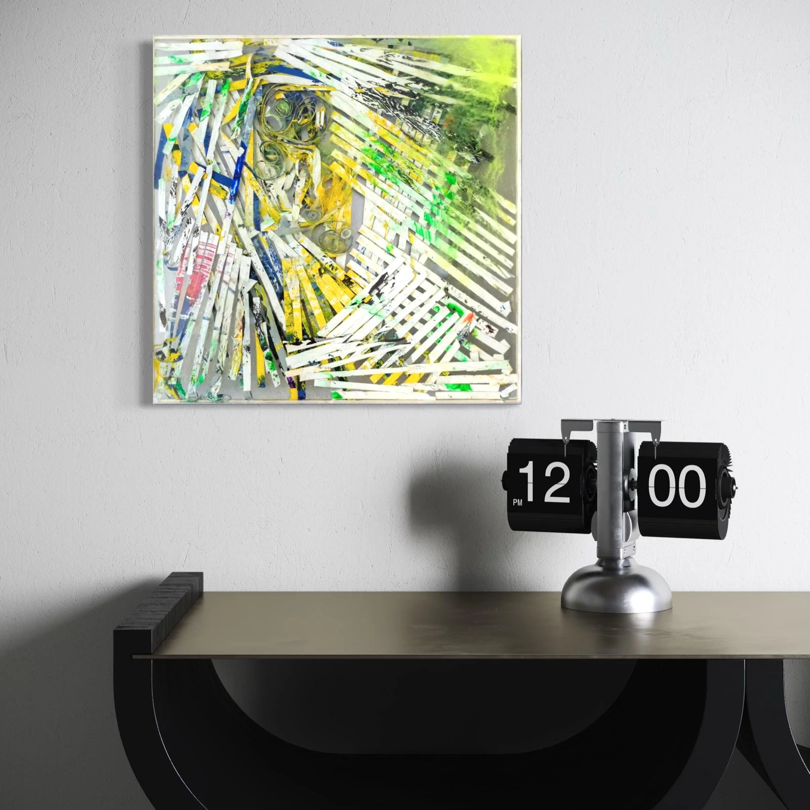 Resin sculpture by Marina Aristotel, titled "It all goes in its place", featuring glass-like layers and organic depth. Hand poured acrylic painted stripes and bright coloured shades creating a luminous, tactile surface. Luxury wall-mounted art object for modern interior design and boutique hotel decor. living room rendering