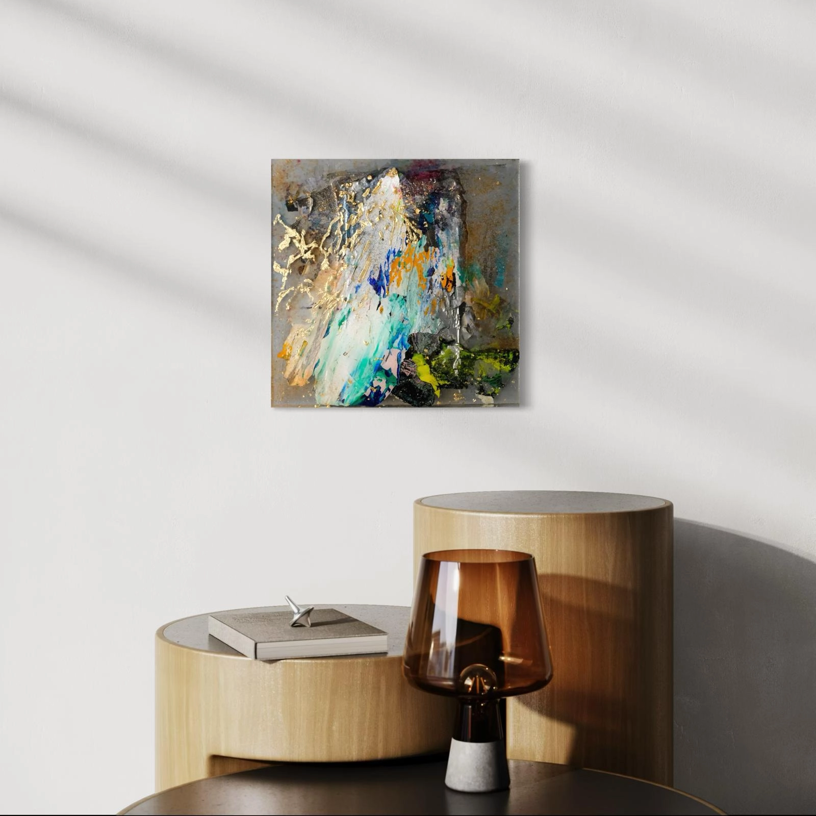 Resin sculpture by Marina Aristotel, titled "Going up", featuring glass-like layers and organic depth. Hand poured acrylic painted stripes and bright coloured shades with gold leaf creating a luminous, tactile surface. Luxury wall-mounted art object for modern interior design and boutique hotel decor. rendering in space