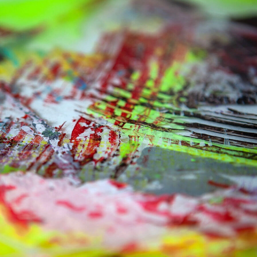 Resin sculpture by Marina Aristotel, titled "Solar life", featuring glass-like layers and organic depth. Hand poured pigments in neon yellow, orange and burgundy creating a luminous, tactile surface. Luxury wall-mounted art object for modern interior design and boutique hotel decor. layer details