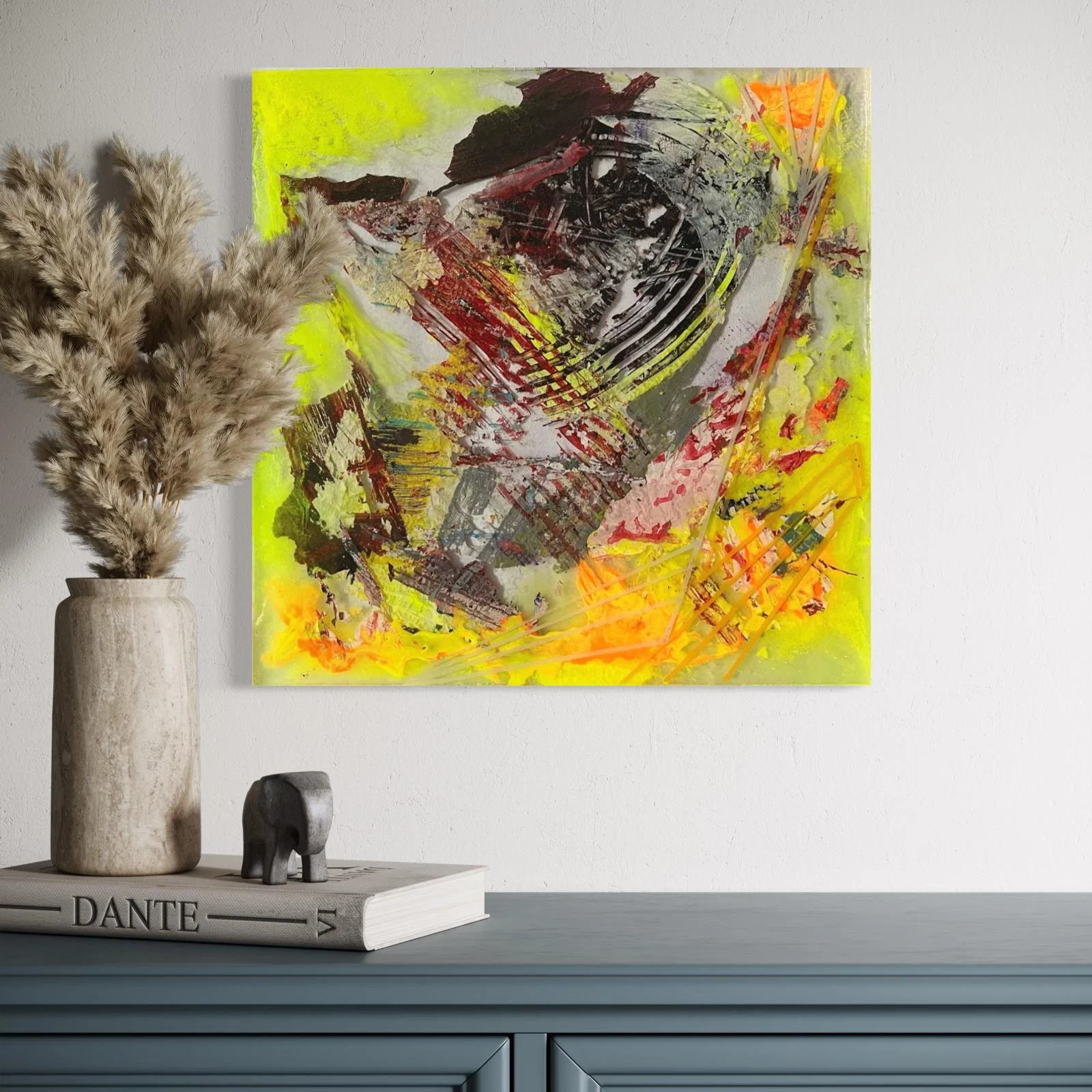 Resin sculpture by Marina Aristotel, titled "Solar life", featuring glass-like layers and organic depth. Hand poured pigments in neon yellow, orange and burgundy creating a luminous, tactile surface. Luxury wall-mounted art object for modern interior design and boutique hotel decor. livingroom simulation