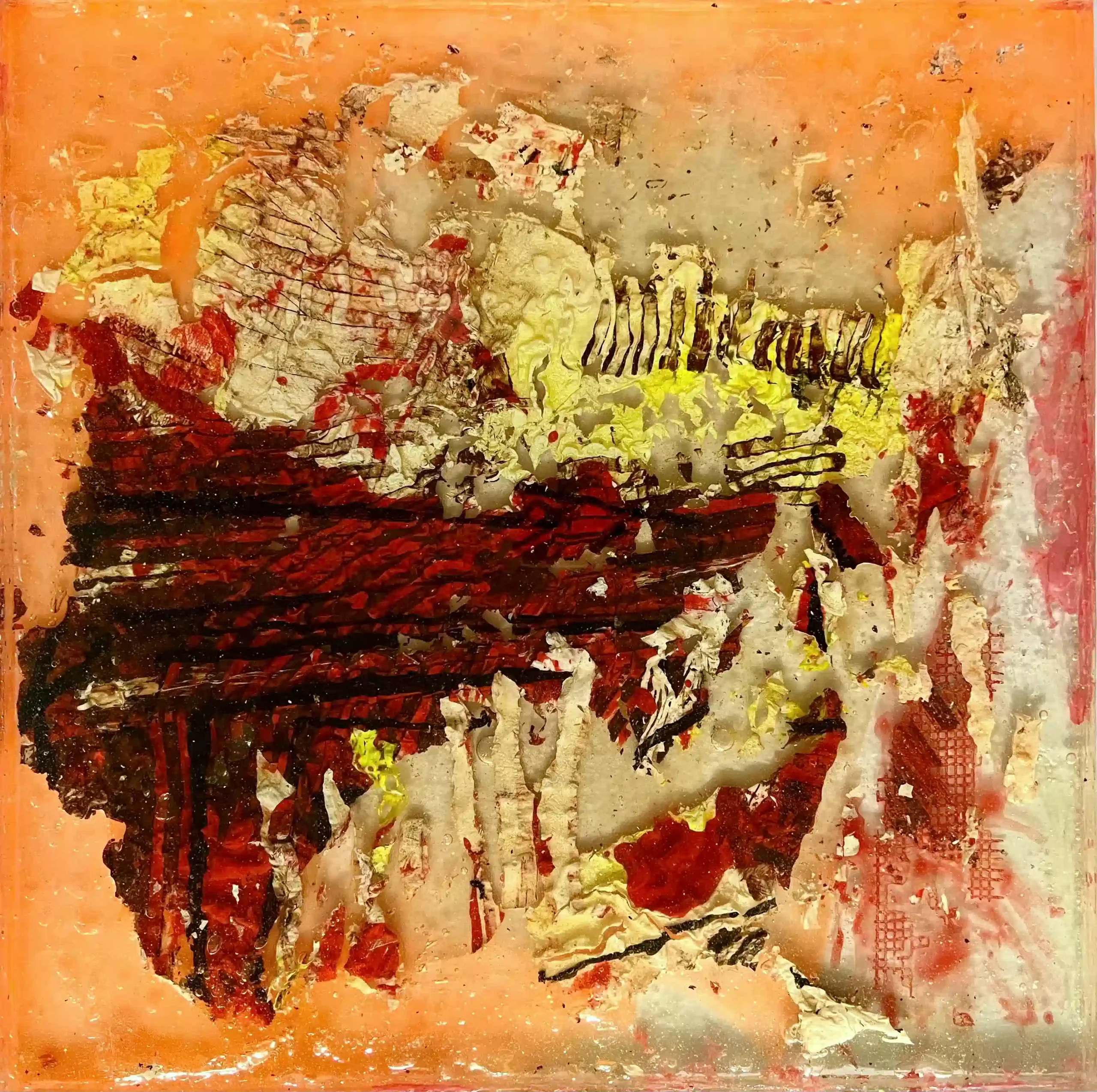 Resin art sculpture by Marina Aristotel, titled "Tradition is meant to be", featuring glass-like layers and organic depth. Hand poured pigments in orange, yellow and burgundy creating a luminous, tactile surface. Luxury wall-mounted art object for modern interior design and boutique hotel decor.