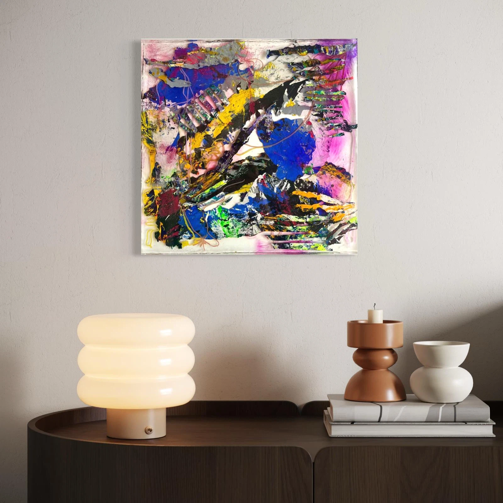 Resin sculpture by Marina Aristotel, titled "Meeting a unicorn", featuring glass-like layers and organic depth. Hand poured acrylic painted stripes and bright coloured shades with pink, purple, klein blue, sparkling pink creating a luminous, tactile surface. Luxury wall-mounted art object for modern interior design and boutique hotel decor. simulation living room