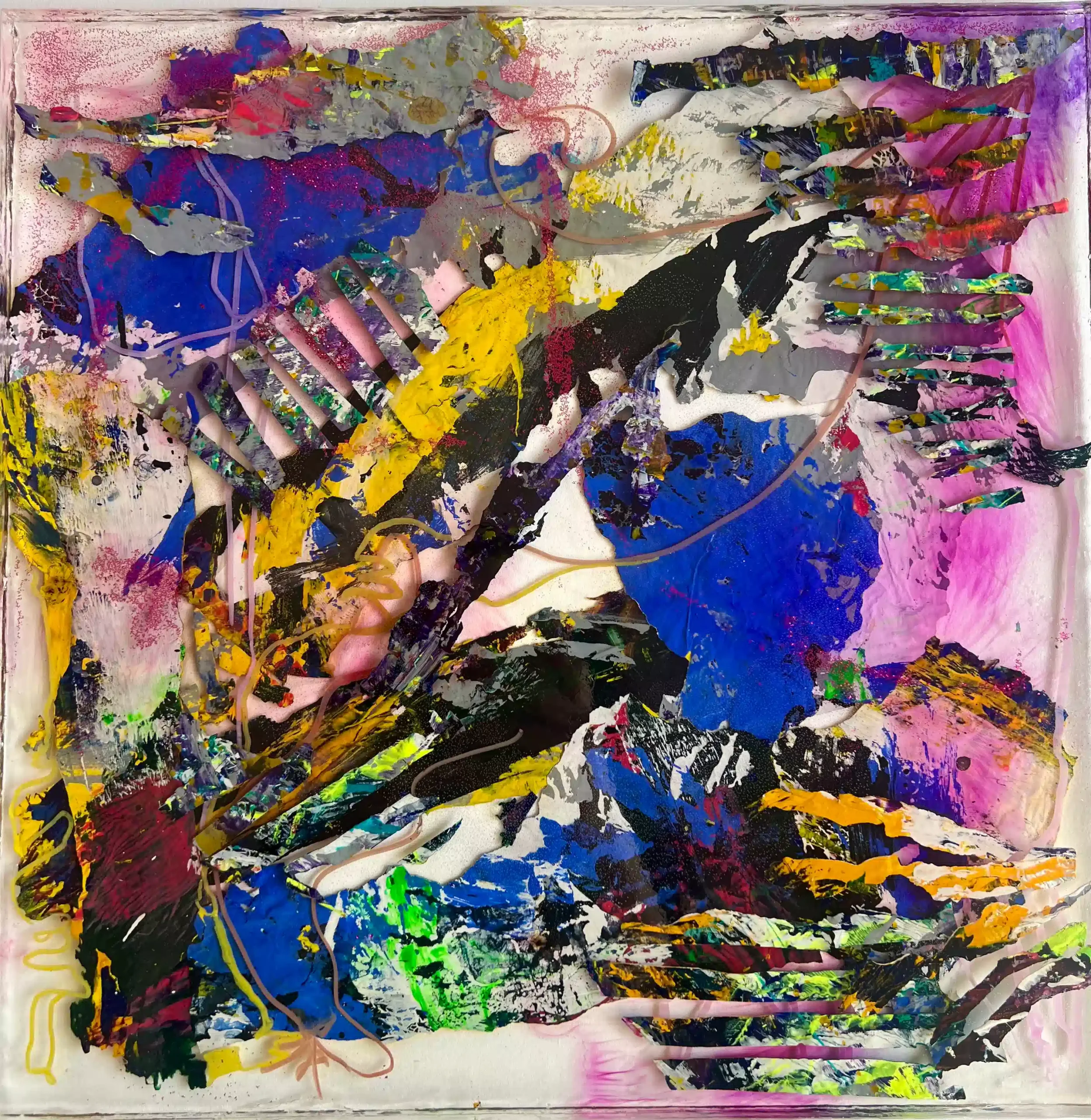 Resin sculpture by Marina Aristotel, titled "Meeting a unicorn", featuring glass-like layers and organic depth. Hand poured acrylic painted stripes and bright coloured shades with pink, purple, klein blue, sparkling pink creating a luminous, tactile surface. Luxury wall-mounted art object for modern interior design and boutique hotel decor.