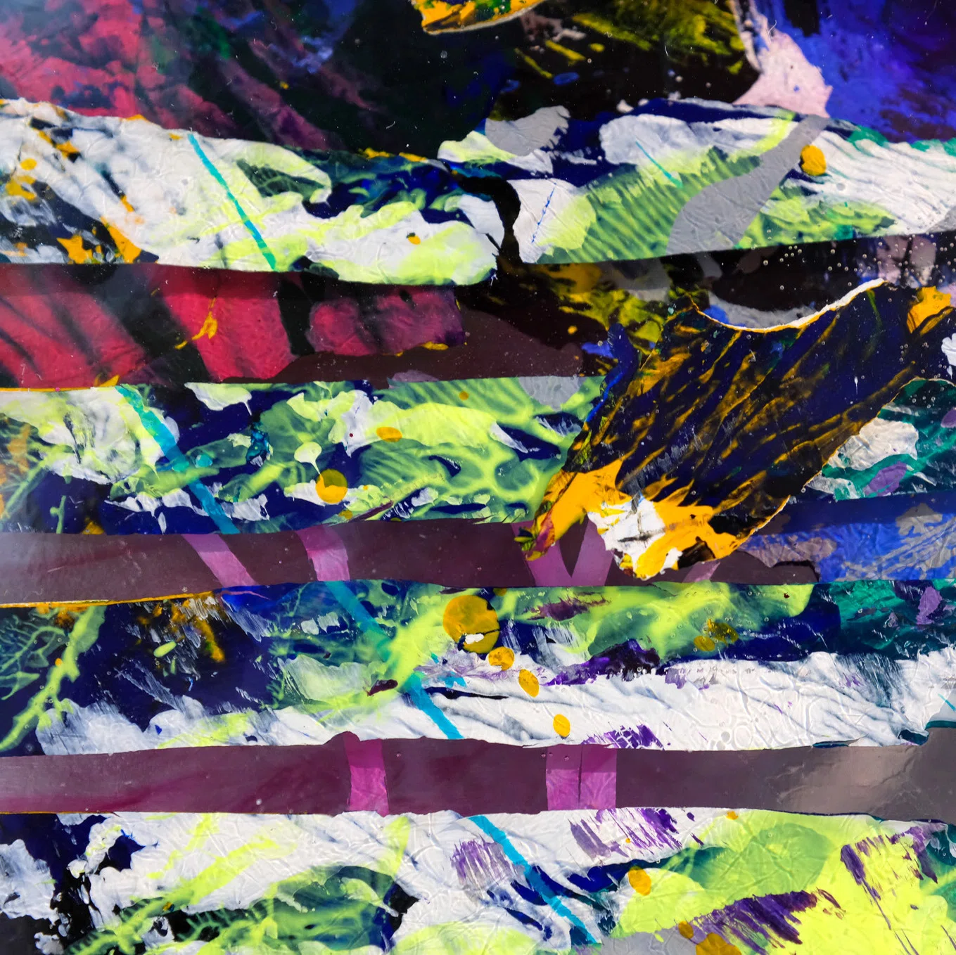 Resin sculpture by Marina Aristotel, titled "Meeting a unicorn", featuring glass-like layers and organic depth. Hand poured acrylic painted stripes and bright coloured shades with pink, purple, klein blue, sparkling pink creating a luminous, tactile surface. Luxury wall-mounted art object for modern interior design and boutique hotel decor. details neon green