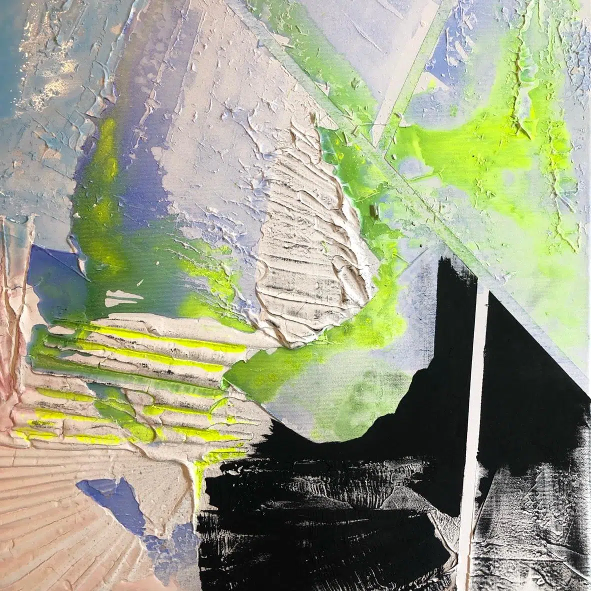 Textured acrylic sculptural painting with vibrant colors representing the sound, a scream in 2D. Commission art for premium interior design and boutique hotel art. Artwork by Marina Aristotel