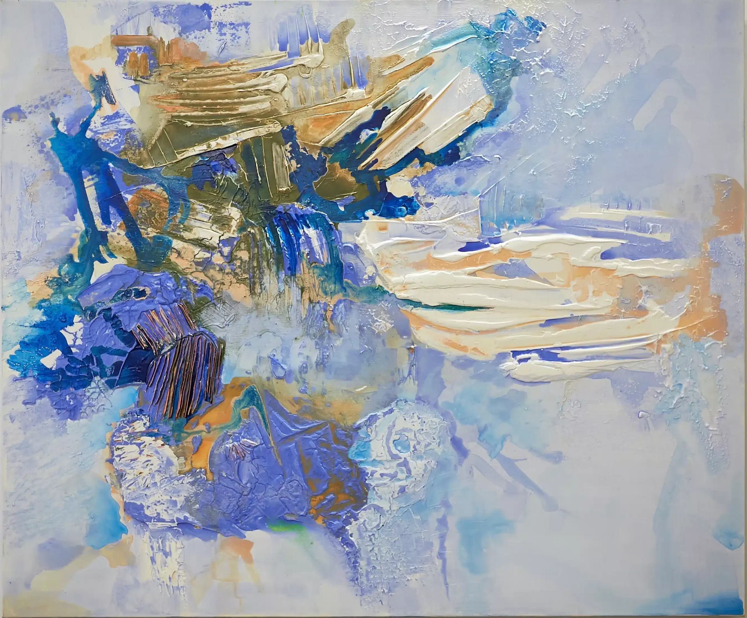 Call me blue by Marina Aristotel - Rectangular mixed-media sculptural painting from the AASAMBLAJ series. Features dense putty textures, acrylic insertions, and a high-contrast palette of blue, orange, brown, and white. Contemporary abstract wall art with tactile relief.
