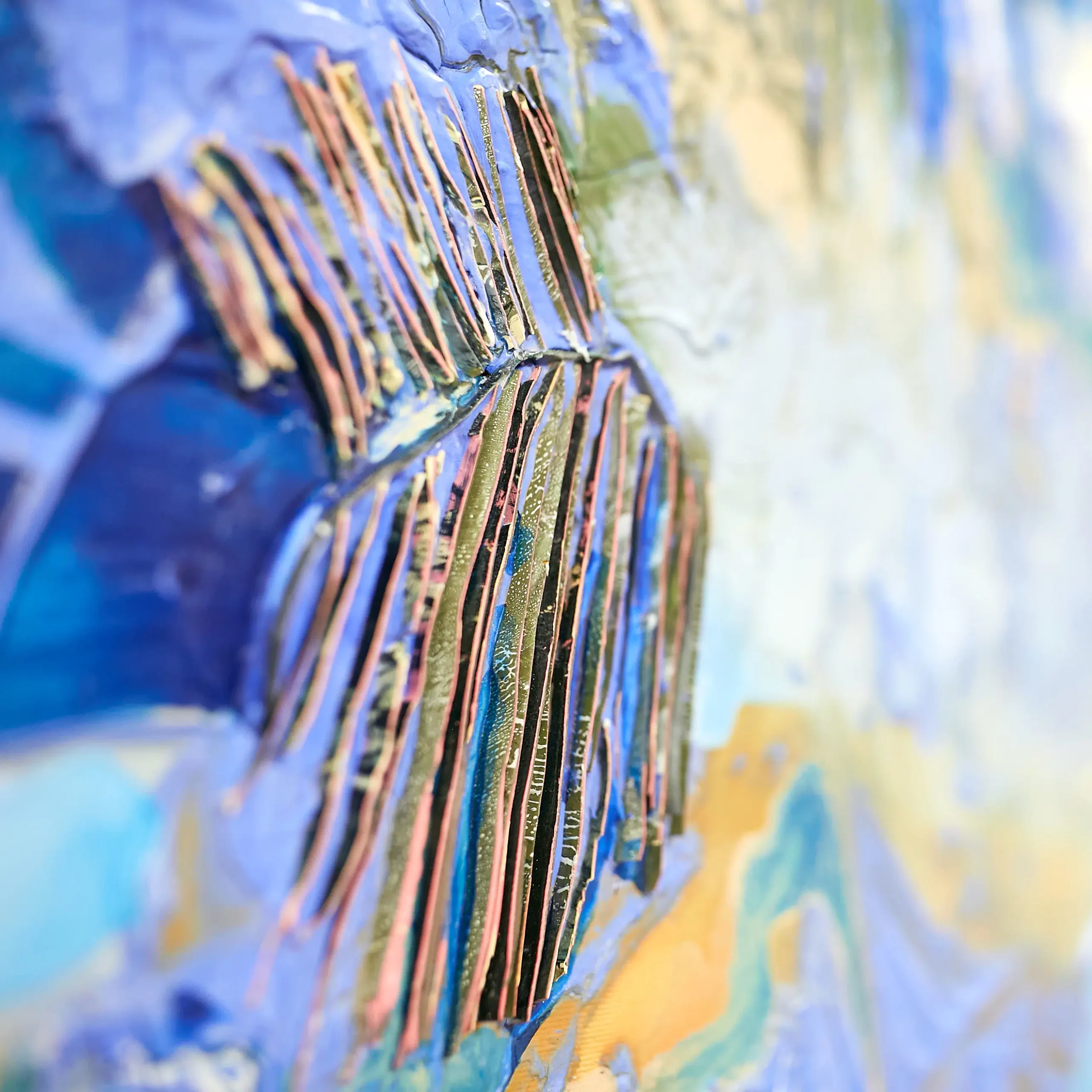 Call me blue by Marina Aristotel - Rectangular mixed-media sculptural painting from the AASAMBLAJ series. Features dense putty textures, acrylic insertions, and a high-contrast palette of blue, orange, brown, and white. Contemporary abstract wall art with tactile relief.